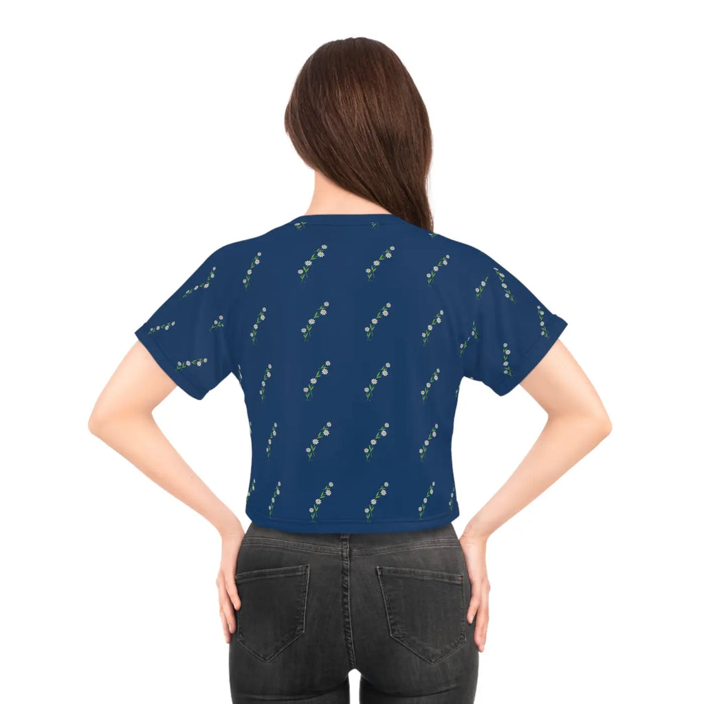 White Flowers Crop Tee - Blue Floral Women's Top - DipaliZ