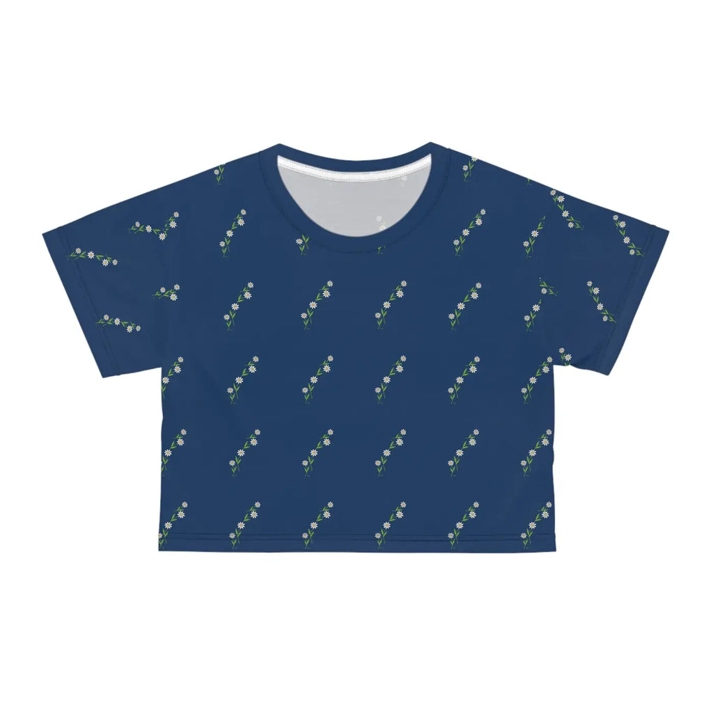 White Flowers Crop Tee - Blue Floral Women's Top - DipaliZ
