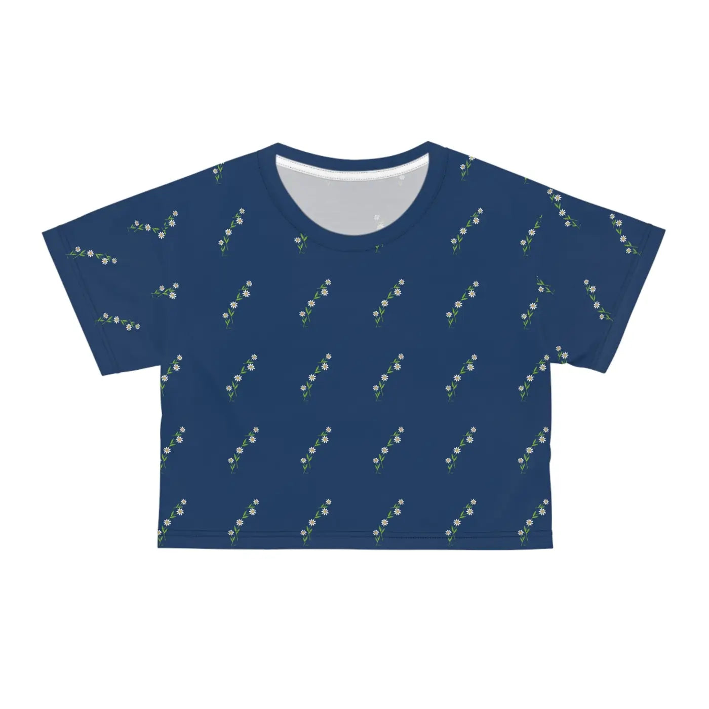White Flowers Crop Tee - Blue Floral Women's Top - DipaliZ