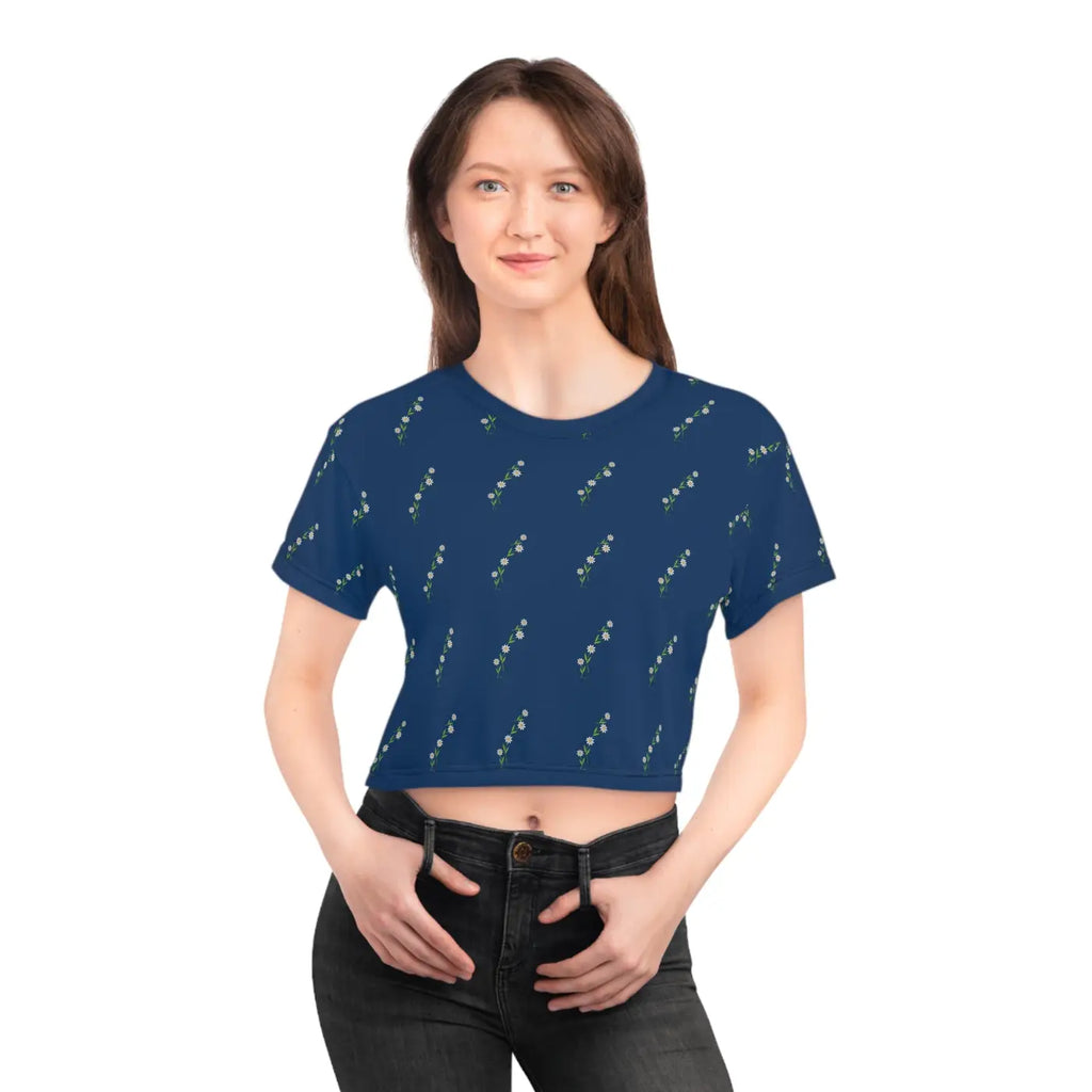 White Flowers Crop Tee - Blue Floral Women's Top - DipaliZ