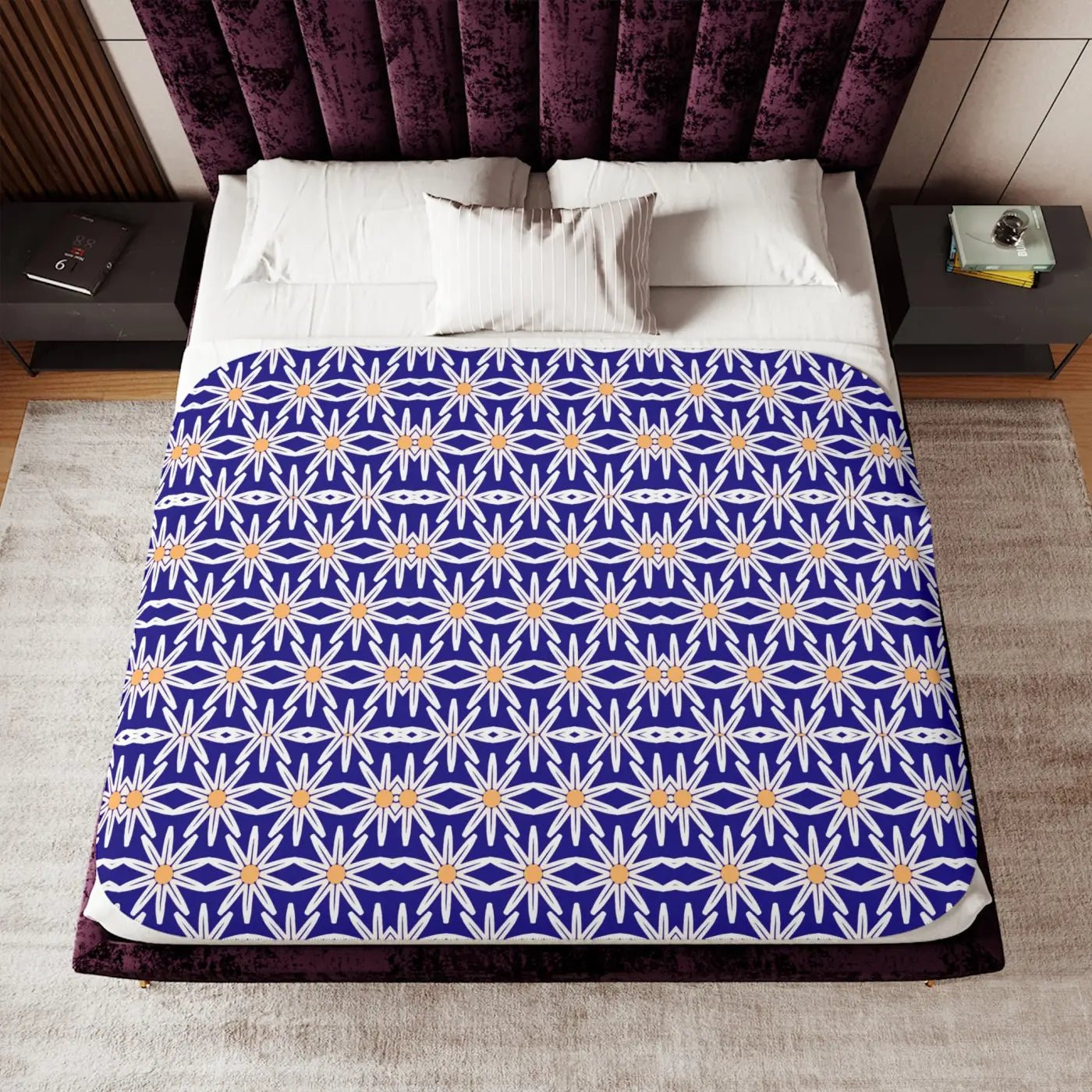 Sherpa Blanket - White Flowers on Blue Print - DipaliZ