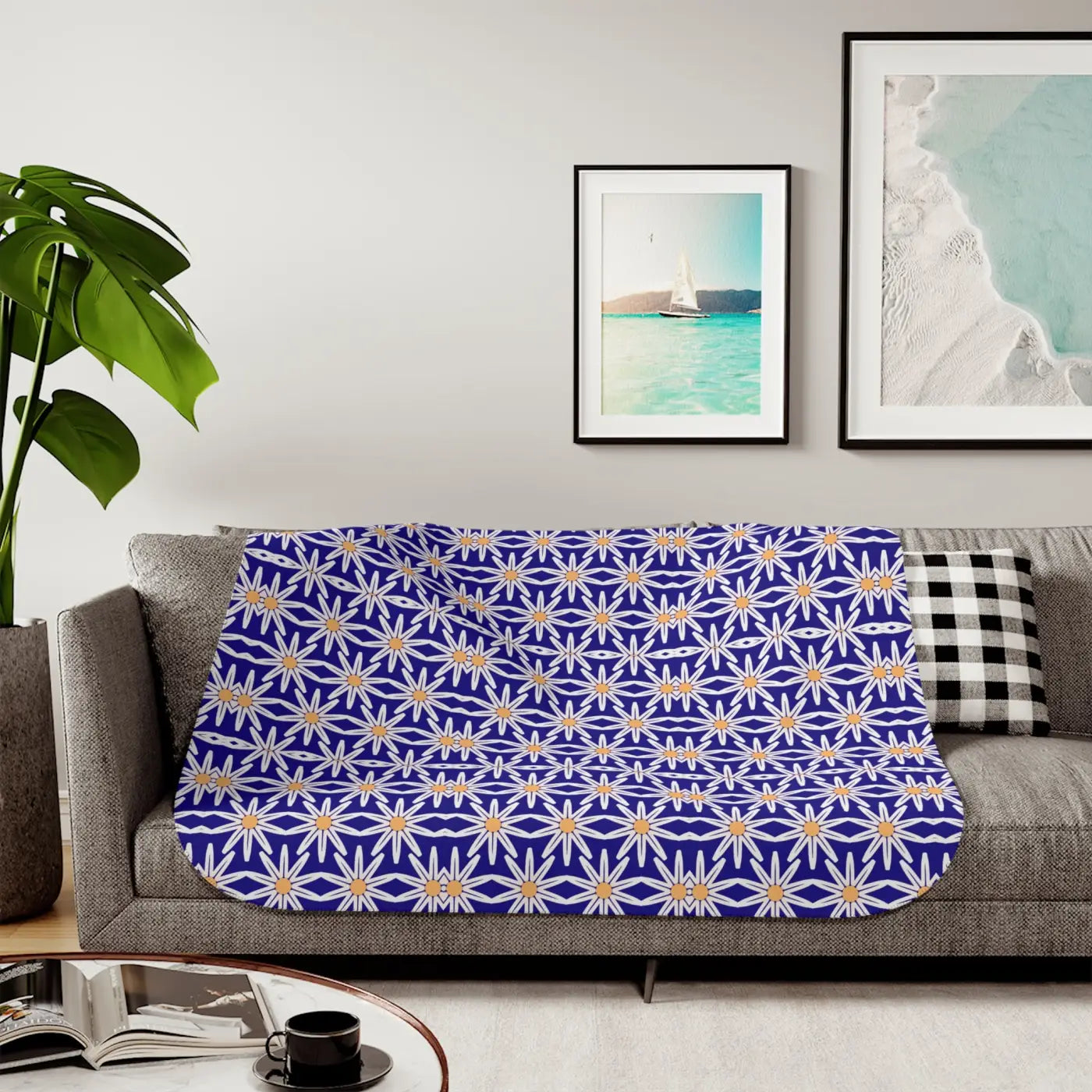 Sherpa Blanket - White Flowers on Blue Print - DipaliZ