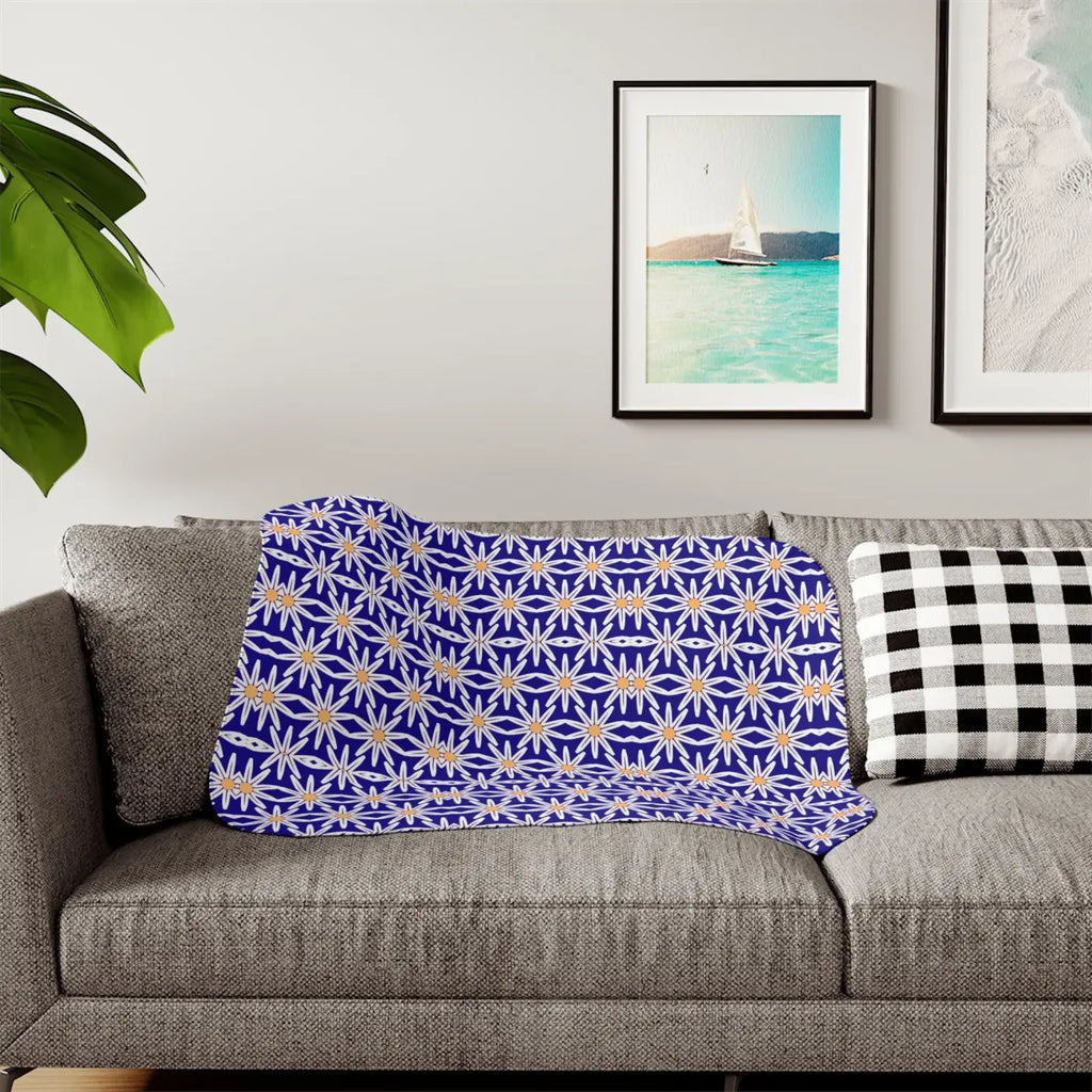 Sherpa Blanket - White Flowers on Blue Print - DipaliZ