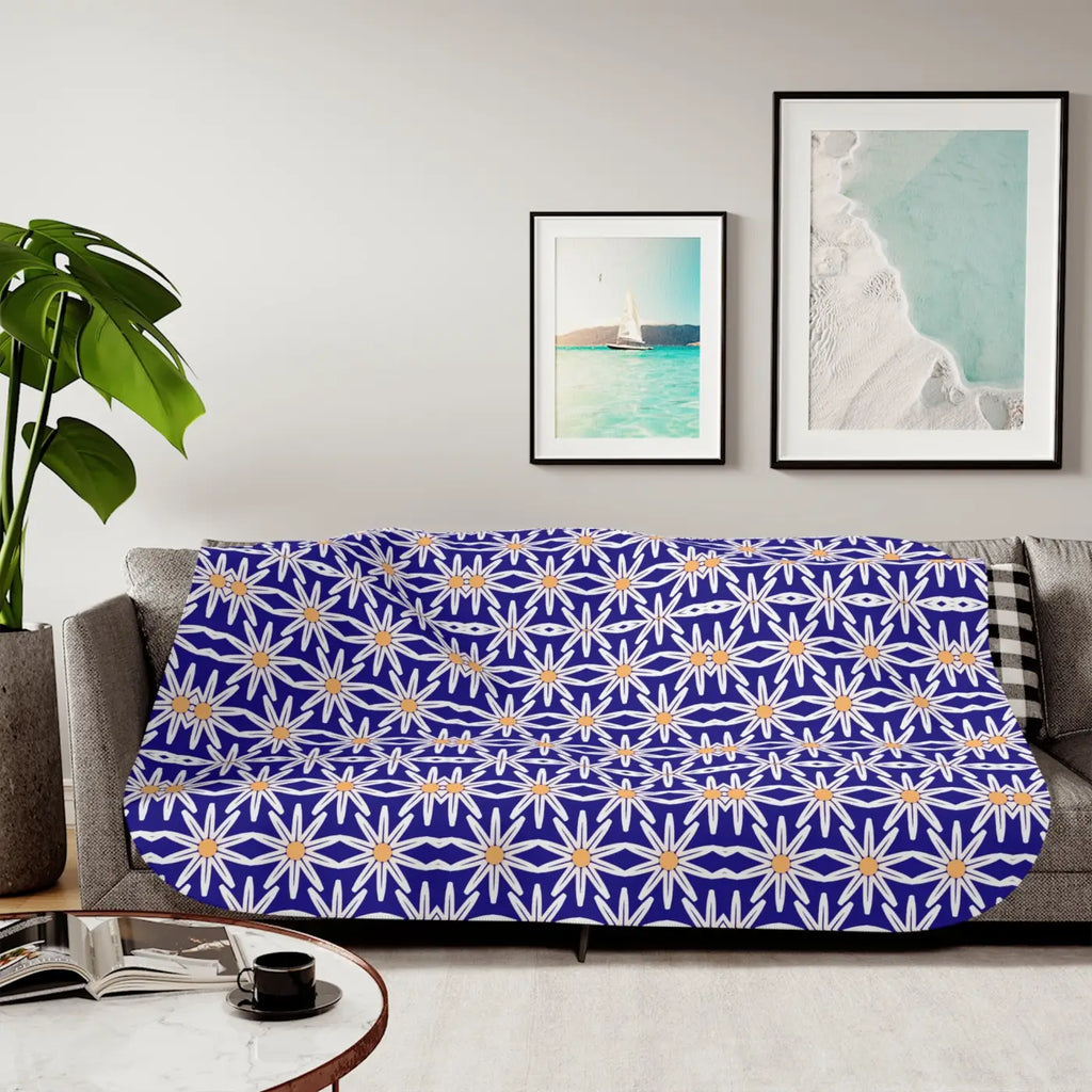 Sherpa Blanket - White Flowers on Blue Print - DipaliZ