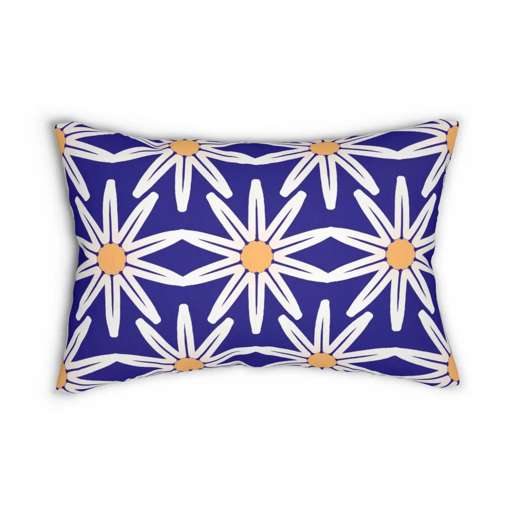 Polyester Lumbar Pillow - White Flowers on Blue Design - DipaliZ