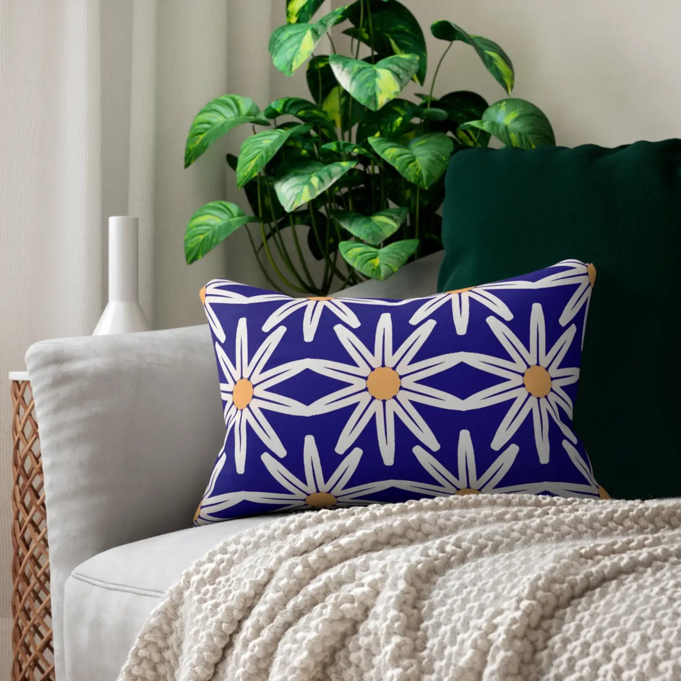Polyester Lumbar Pillow - White Flowers on Blue Design - DipaliZ