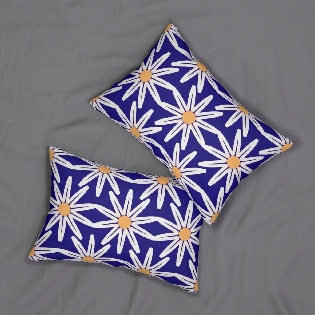 Polyester Lumbar Pillow - White Flowers on Blue Design - DipaliZ