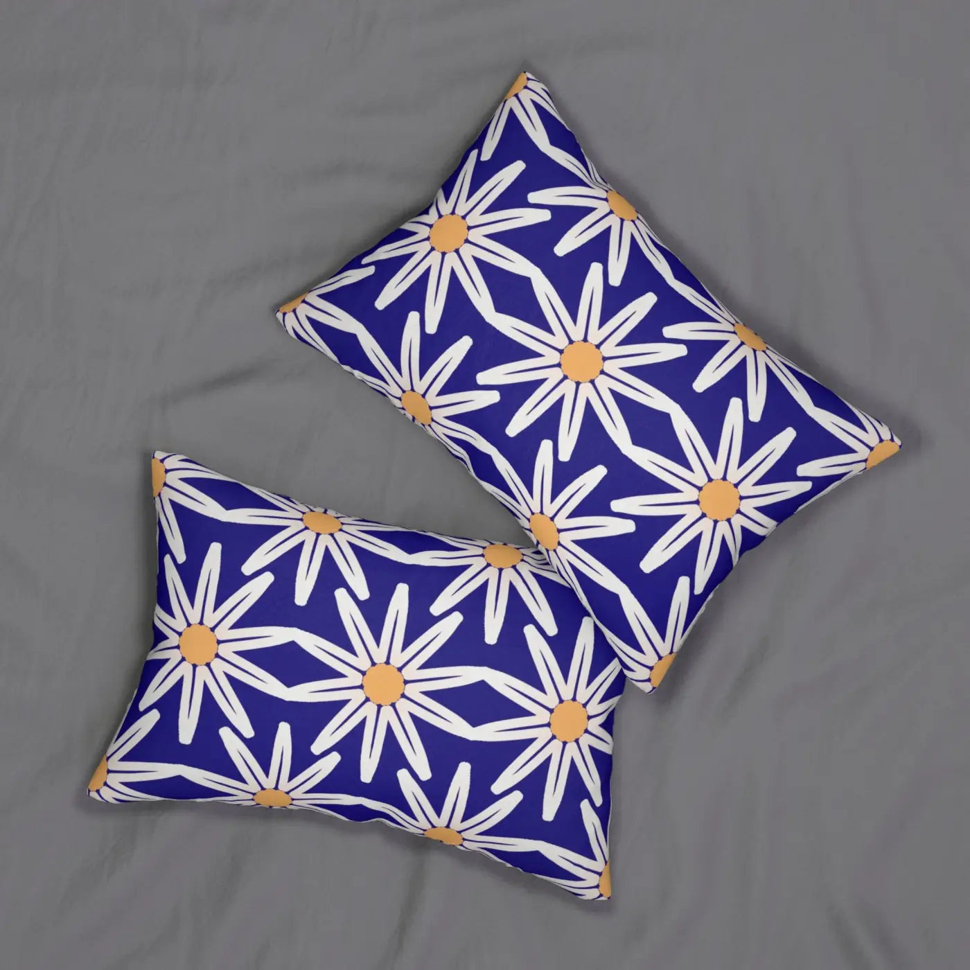 Polyester Lumbar Pillow - White Flowers on Blue Design - DipaliZ