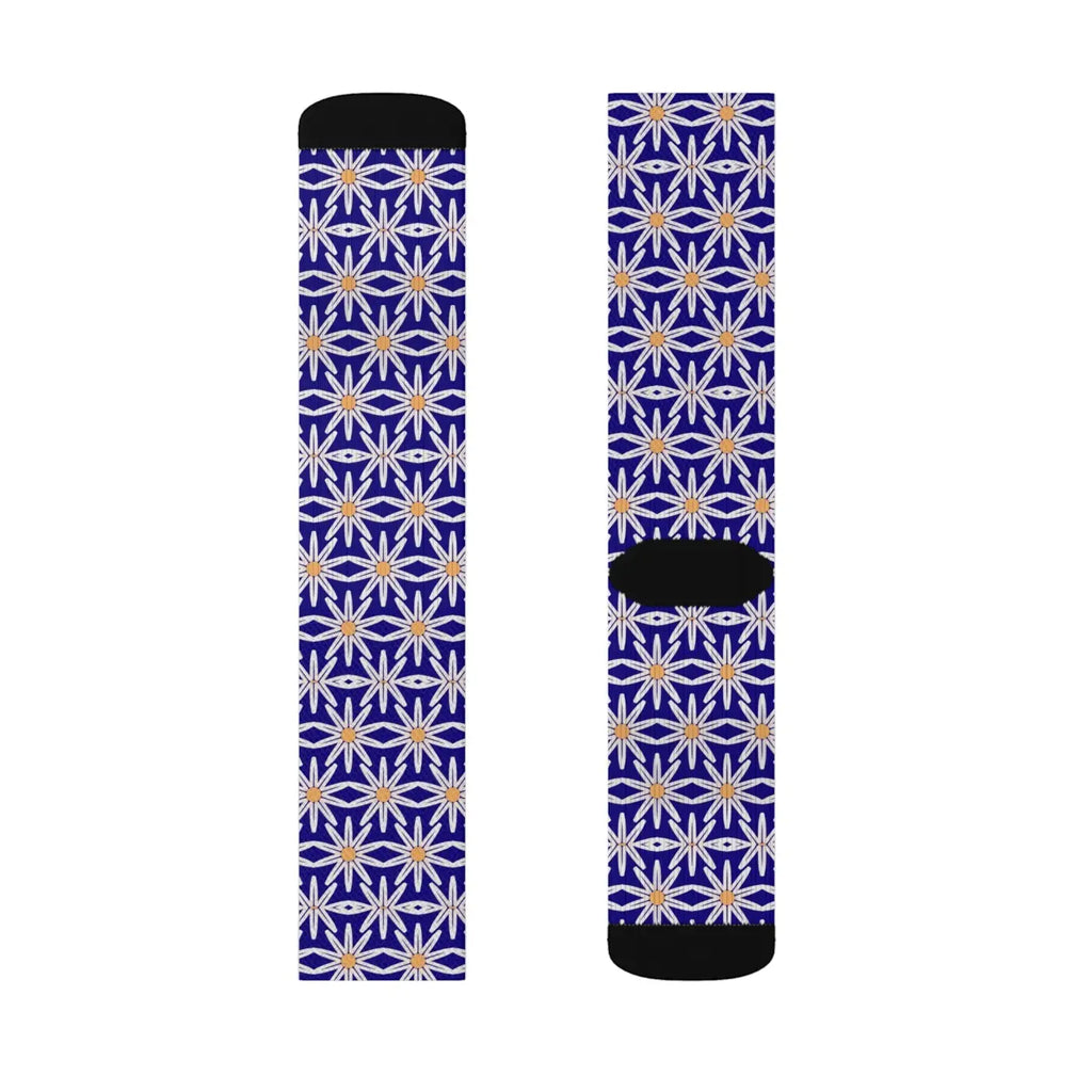 Electric Blue Sublimation Socks - White Flowers Design - DipaliZ