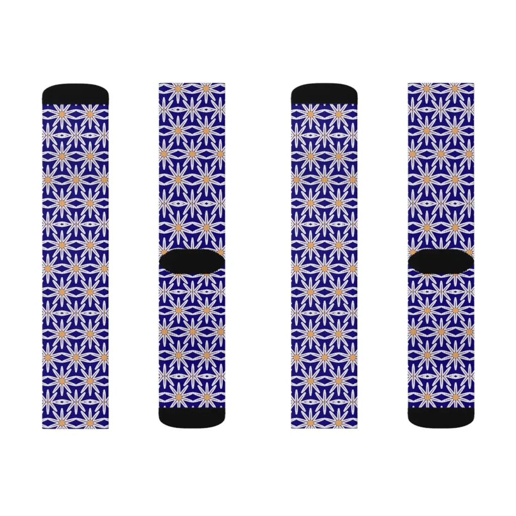 Electric Blue Sublimation Socks - White Flowers Design - DipaliZ