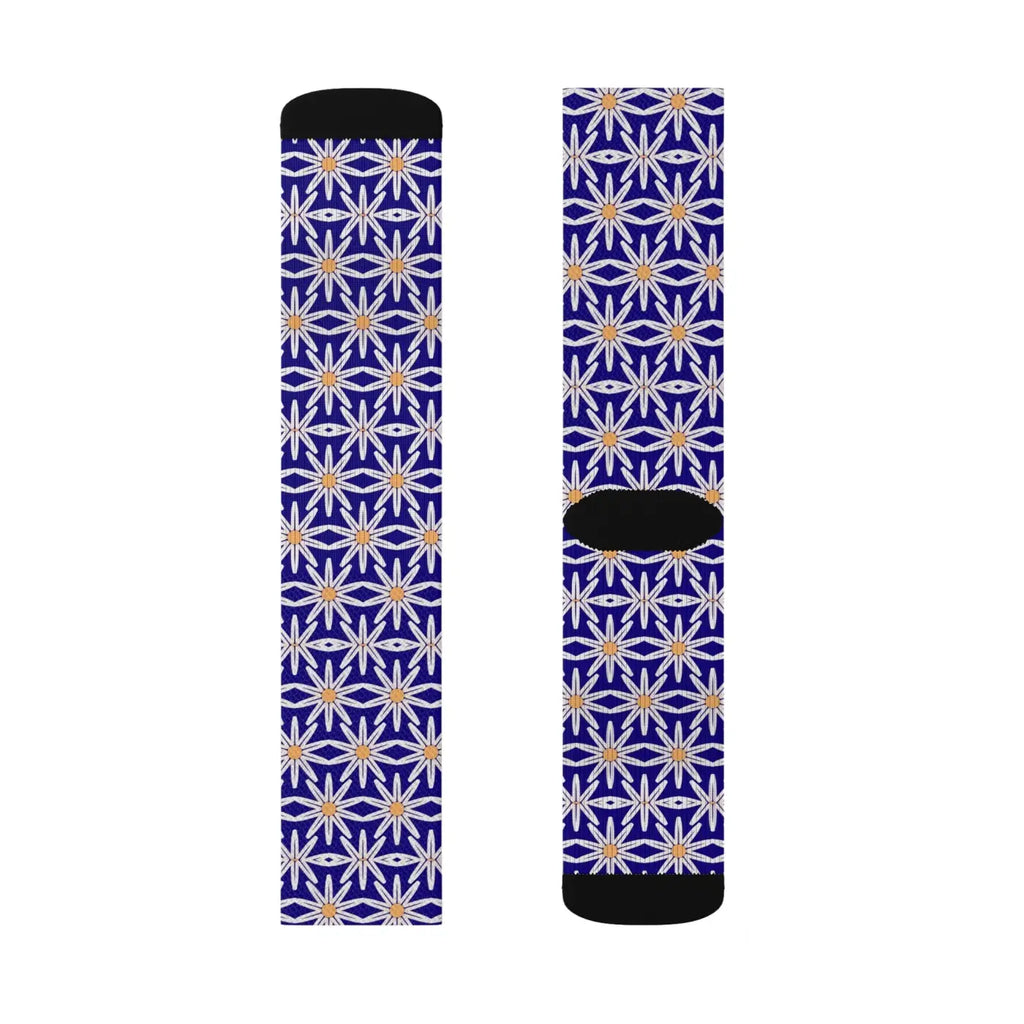 Electric Blue Sublimation Socks - White Flowers Design - DipaliZ