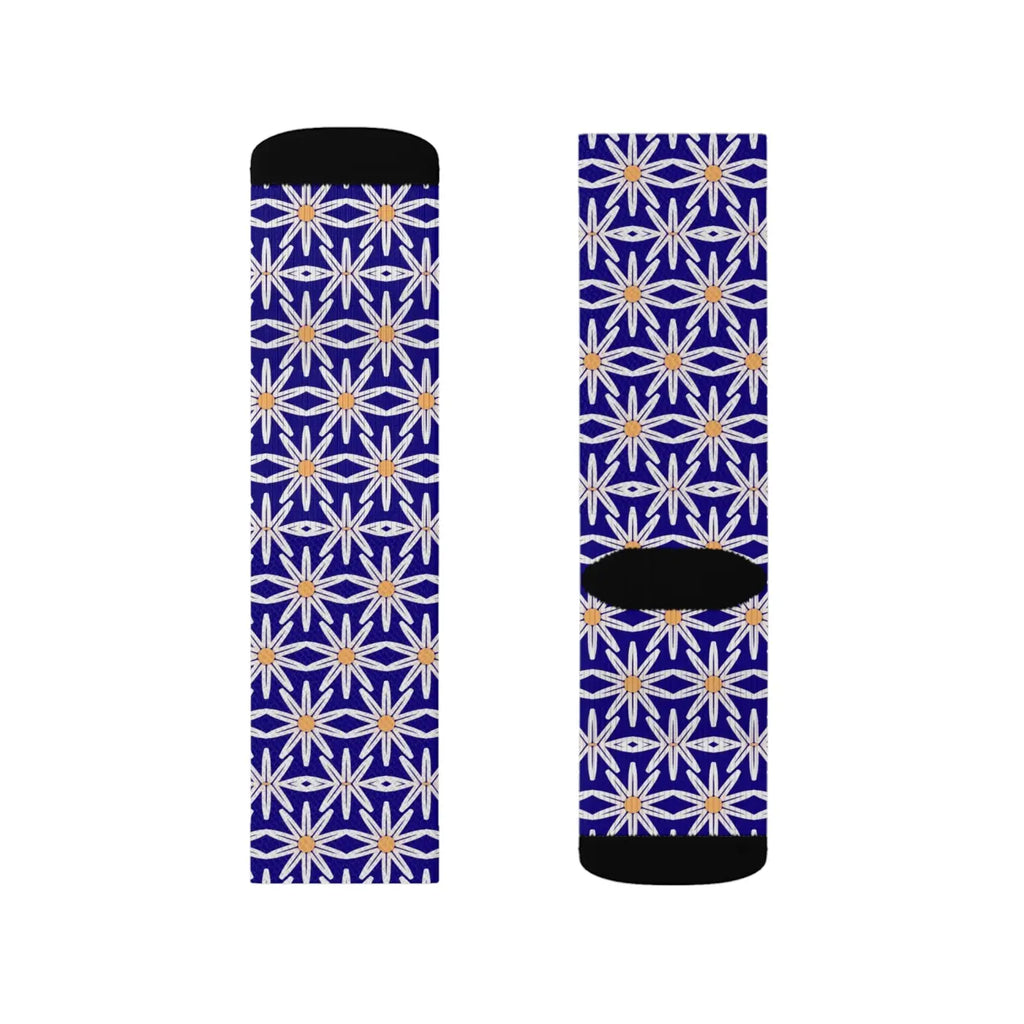 Electric Blue Sublimation Socks - White Flowers Design - DipaliZ