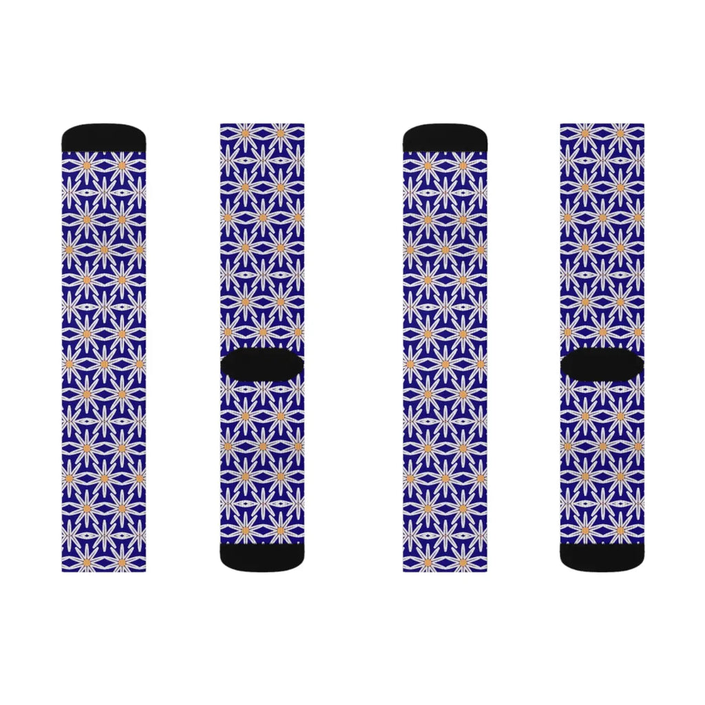 Electric Blue Sublimation Socks - White Flowers Design - DipaliZ