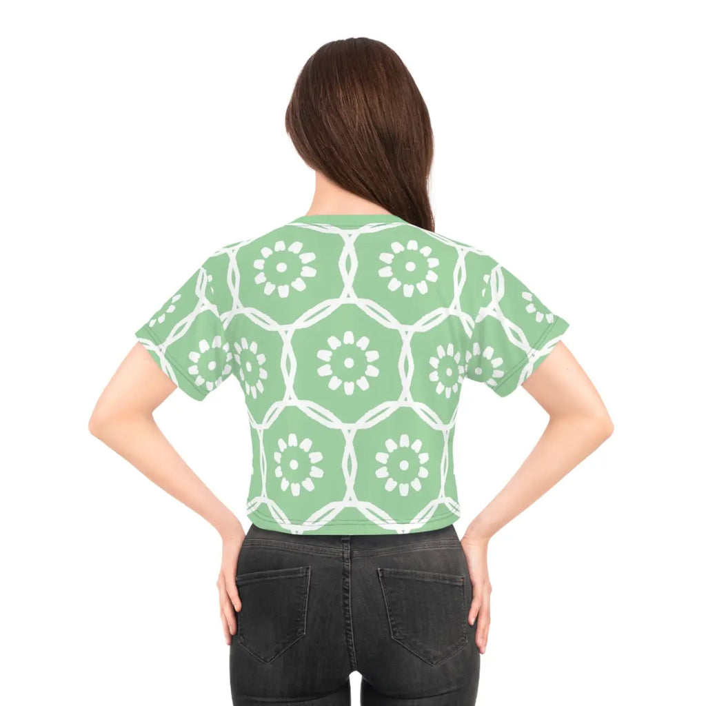White Flowers Crop Tee - Pastel Green Polyester - DipaliZ