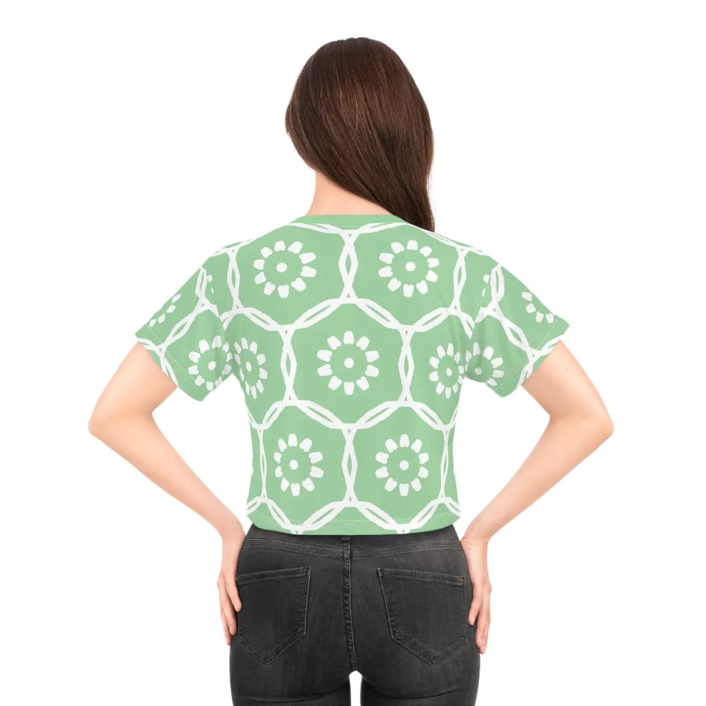 White Flowers Crop Tee - Pastel Green Polyester - DipaliZ