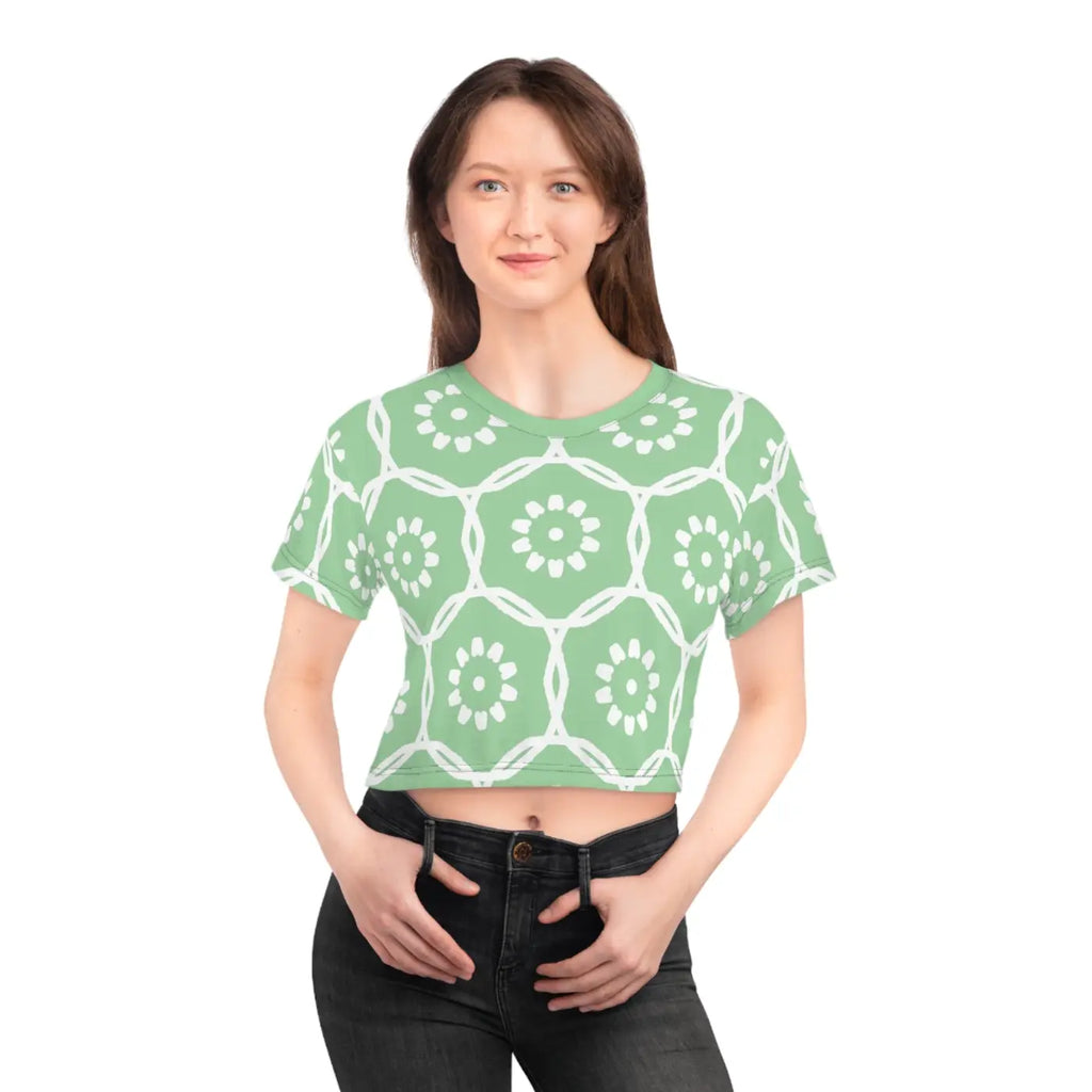 White Flowers Crop Tee - Pastel Green Polyester - DipaliZ