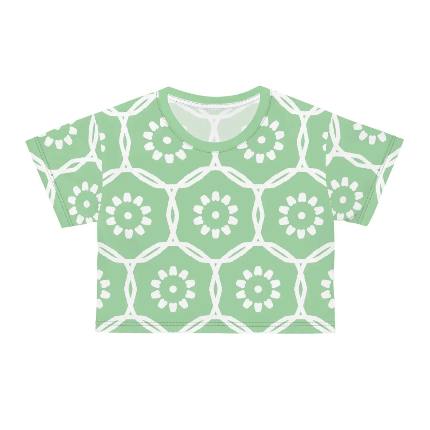 White Flowers Crop Tee - Pastel Green Polyester - DipaliZ