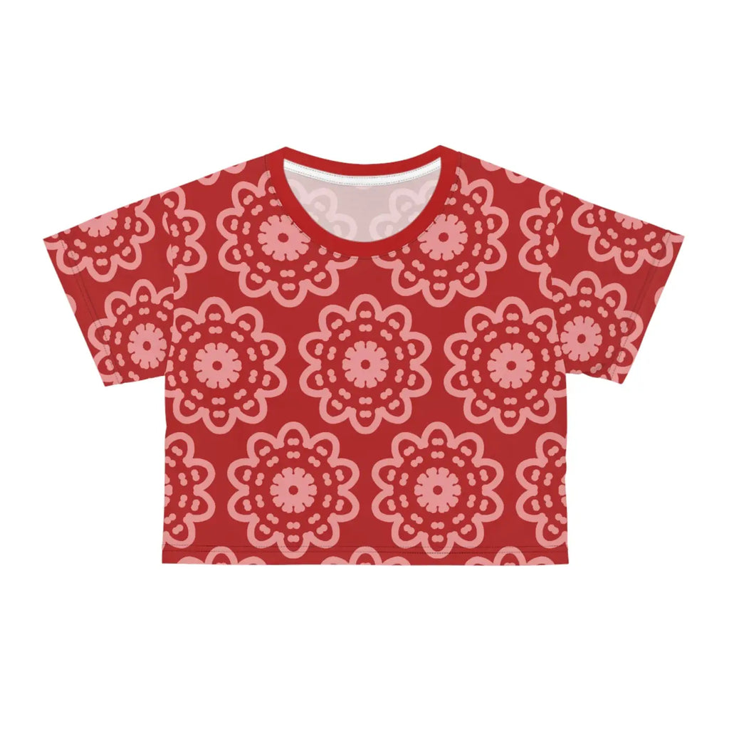 Red Crop Tee - White Flowers All Over Print - DipaliZ