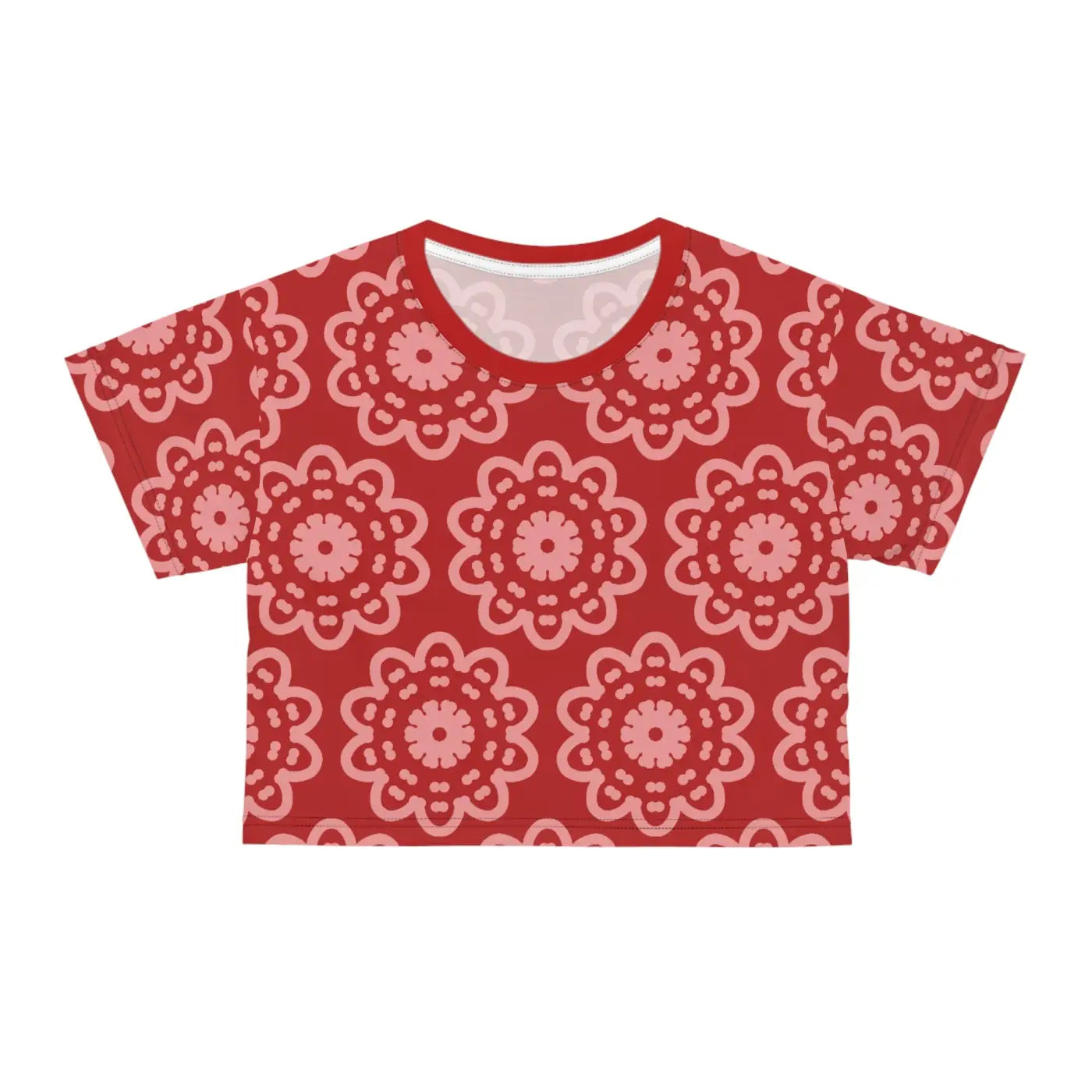Red Crop Tee - White Flowers All Over Print - DipaliZ