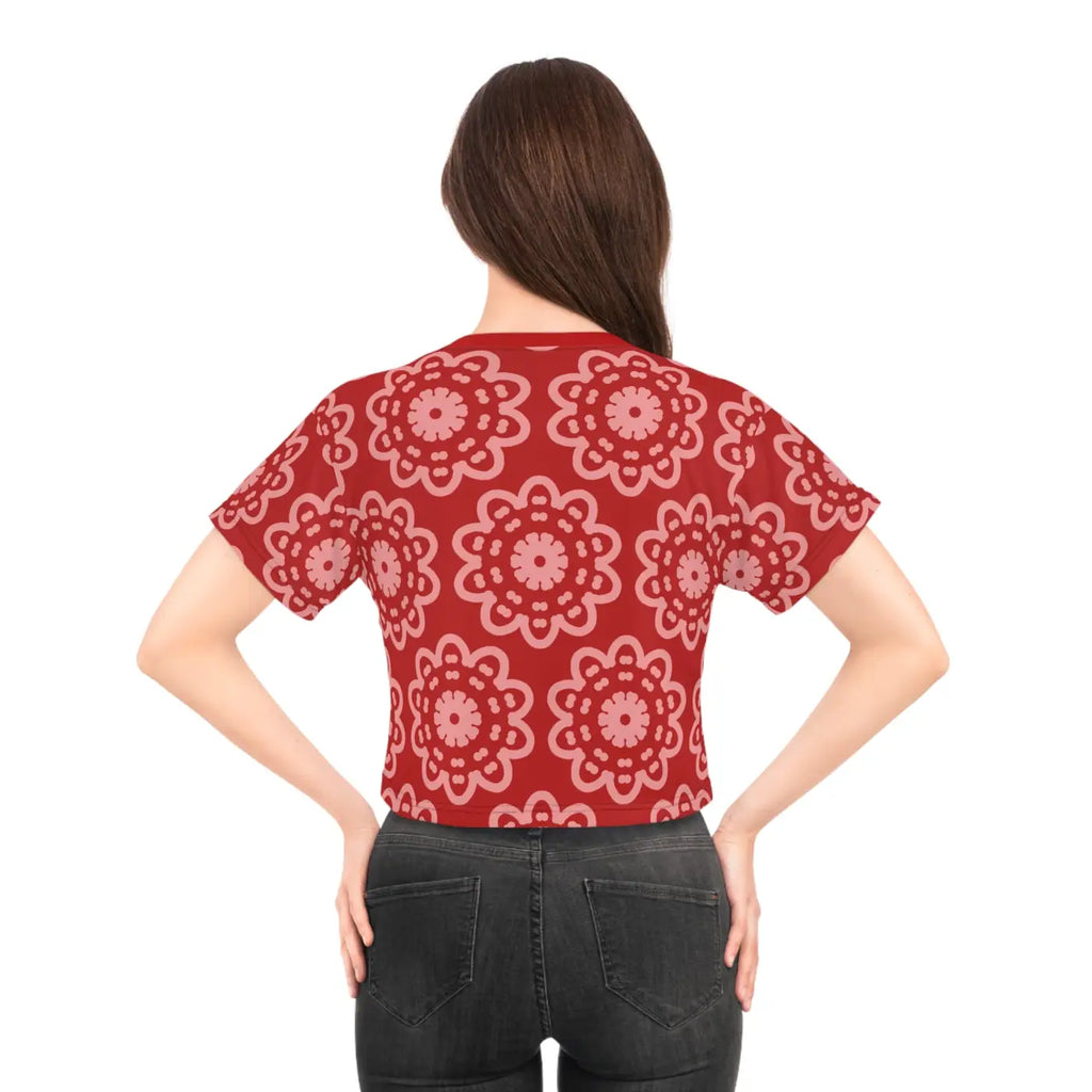 Red Crop Tee - White Flowers All Over Print - DipaliZ