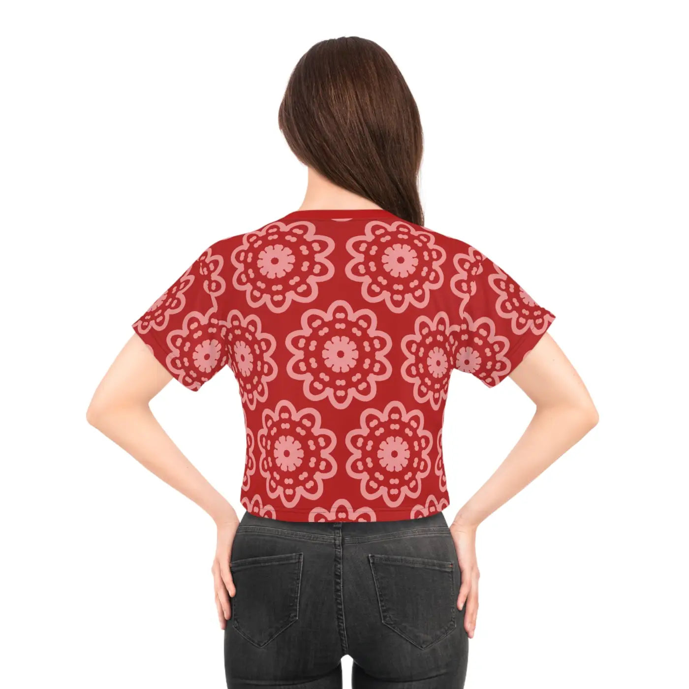 Red Crop Tee - White Flowers All Over Print - DipaliZ