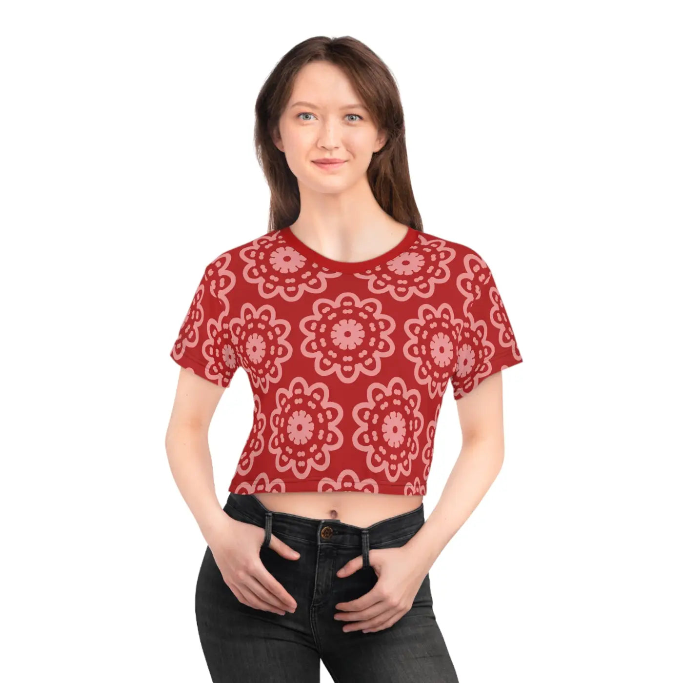 Red Crop Tee - White Flowers All Over Print - DipaliZ