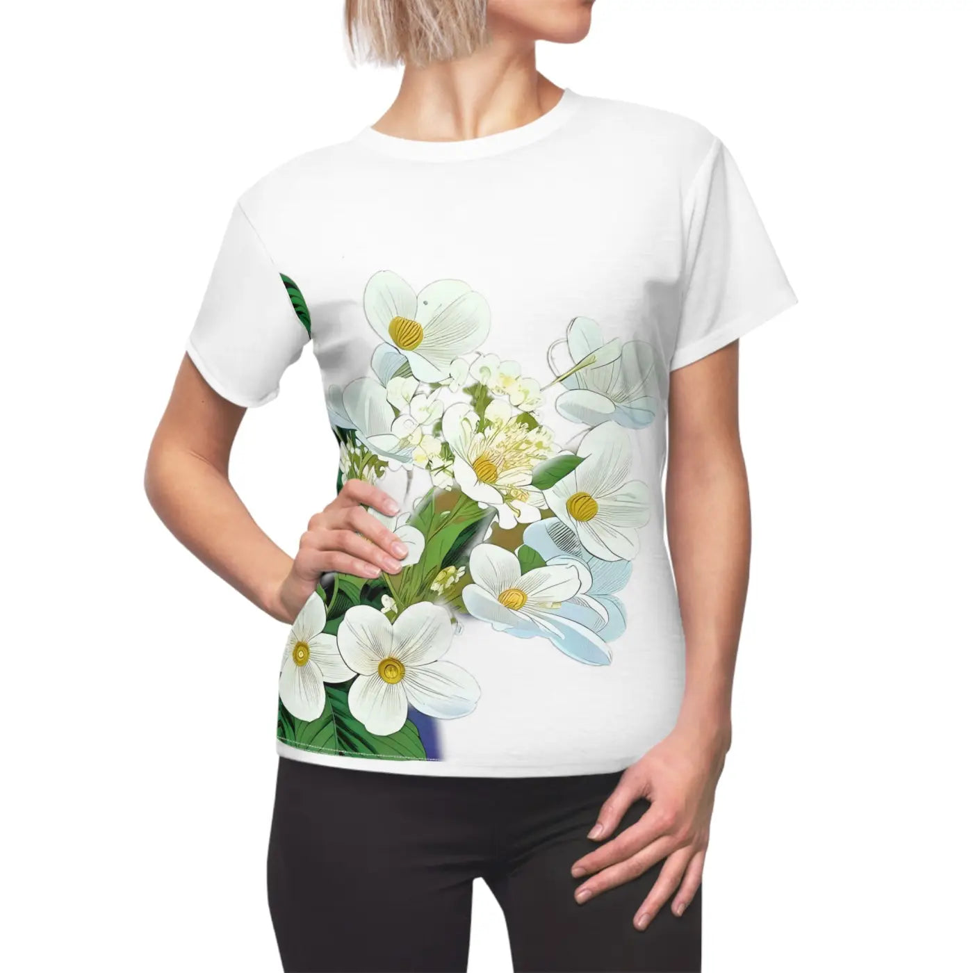 White Flowers AOP Cut and Sew Tee - Blossom Print - DipaliZ