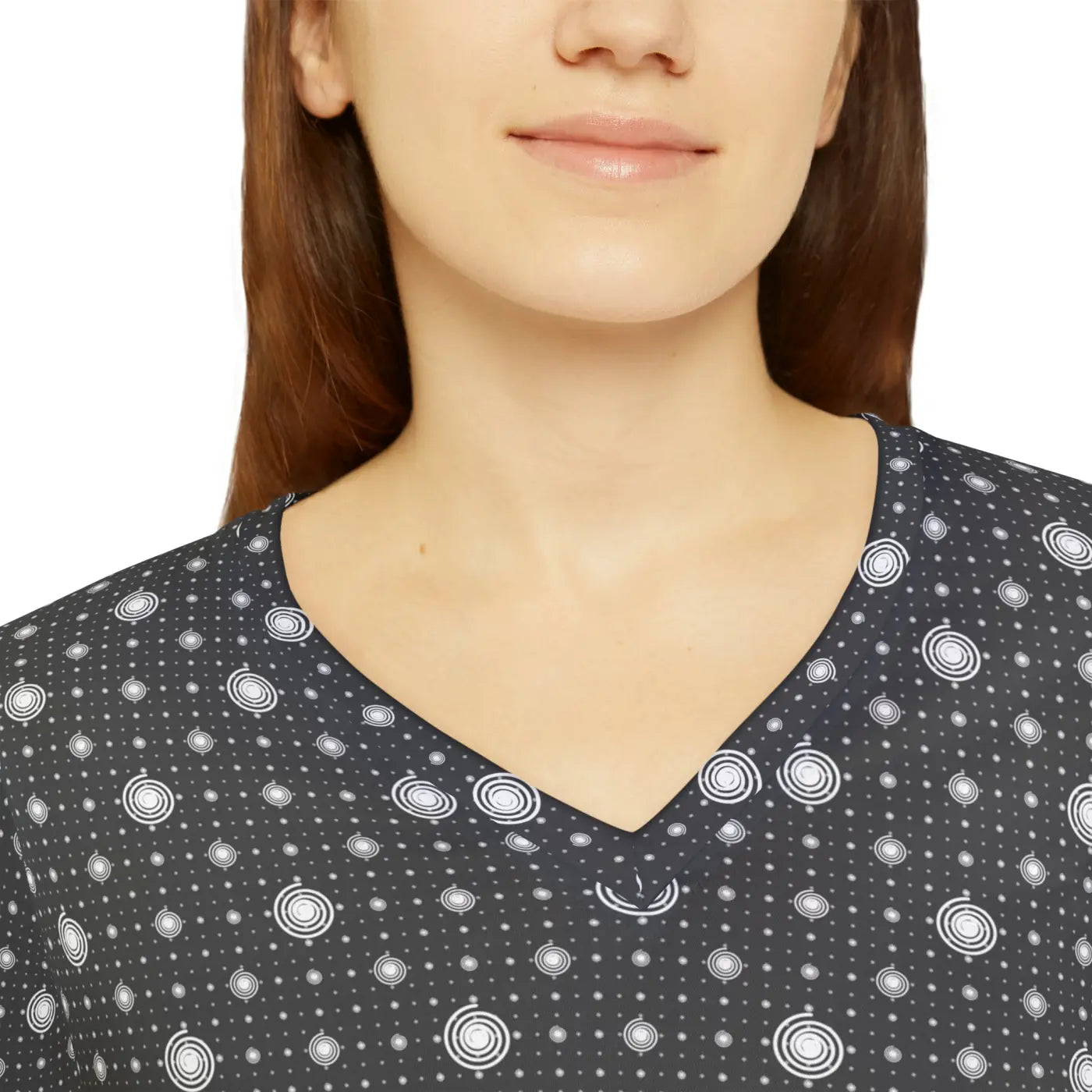 Long Sleeve V Neck Tee - White Spiral Pattern - DipaliZ