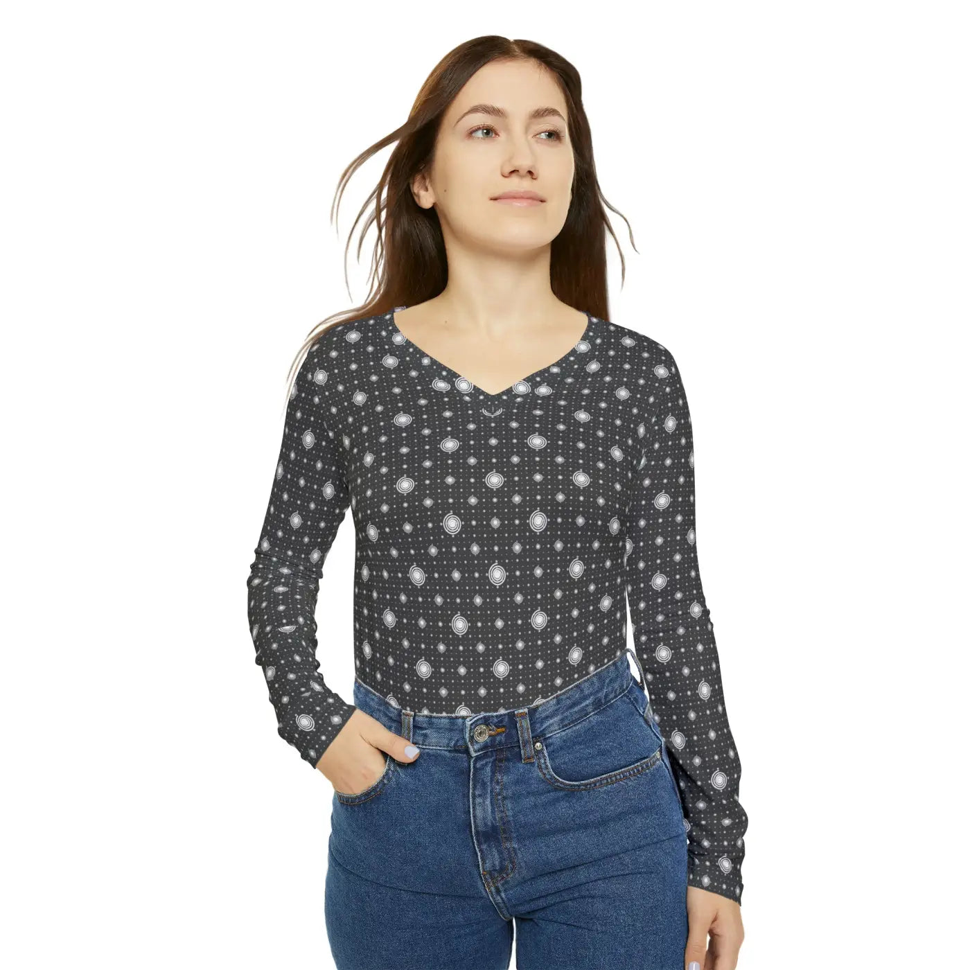 Long Sleeve V Neck Tee - White Spiral Pattern - DipaliZ