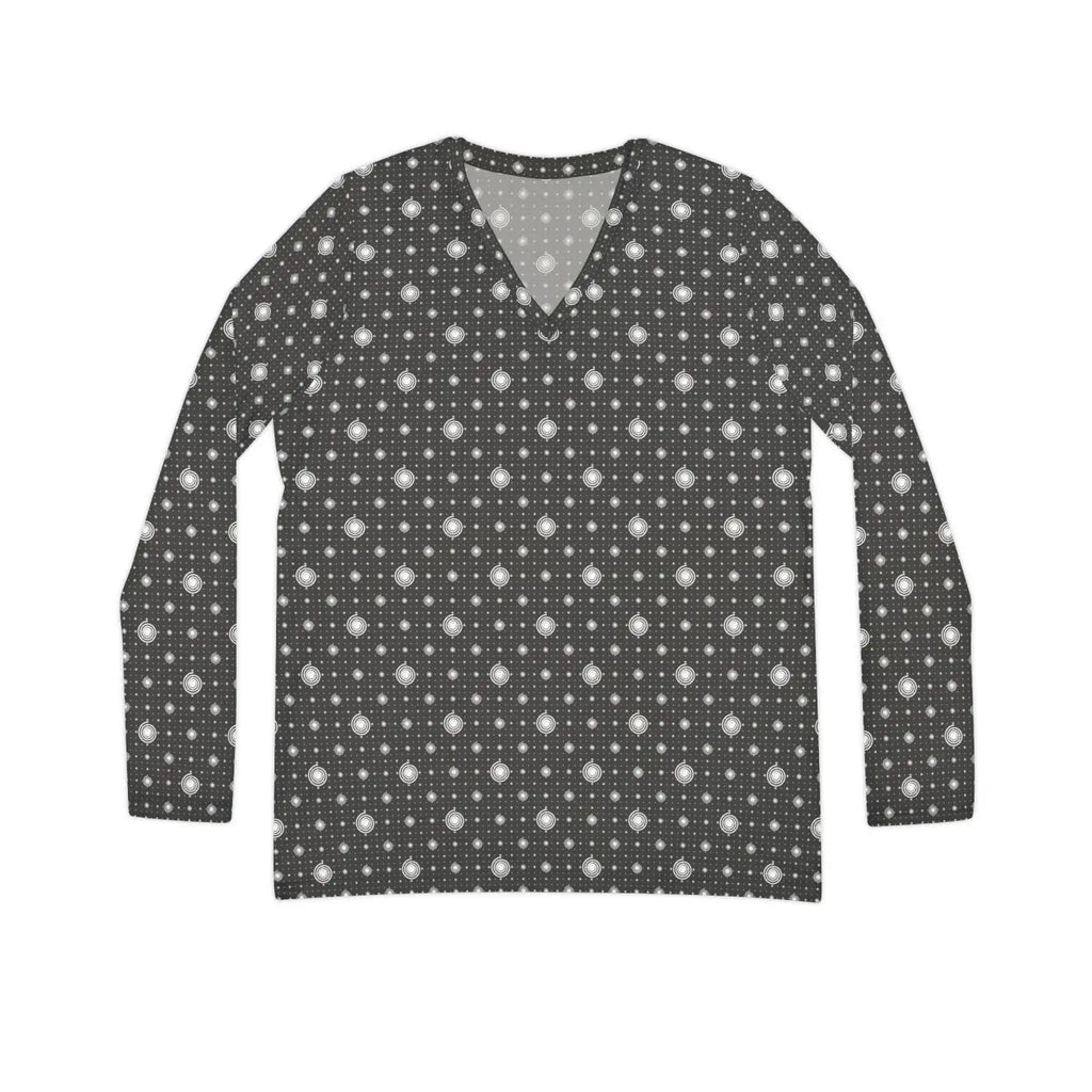 Long Sleeve V Neck Tee - White Spiral Pattern - DipaliZ