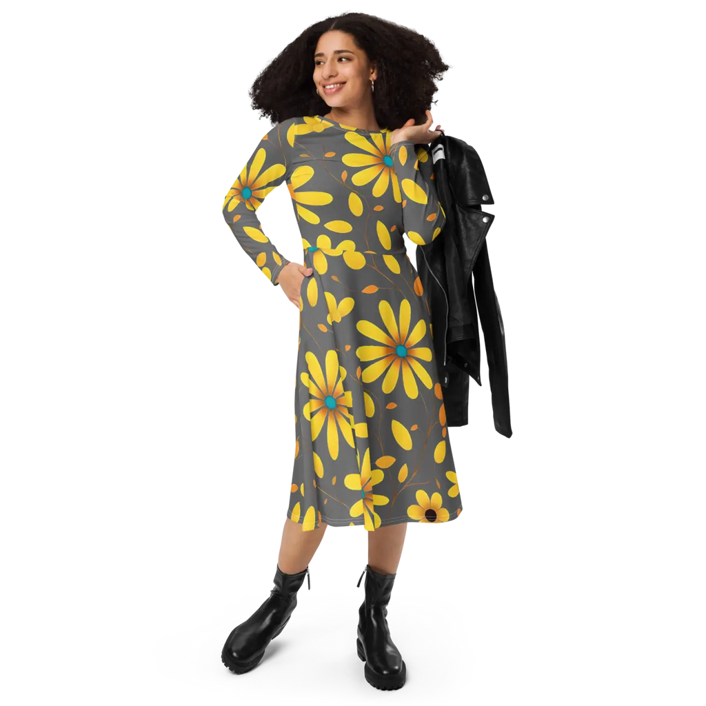 Long Sleeve Midi Dress - Large Yellow Flowers Polyester - DipaliZ