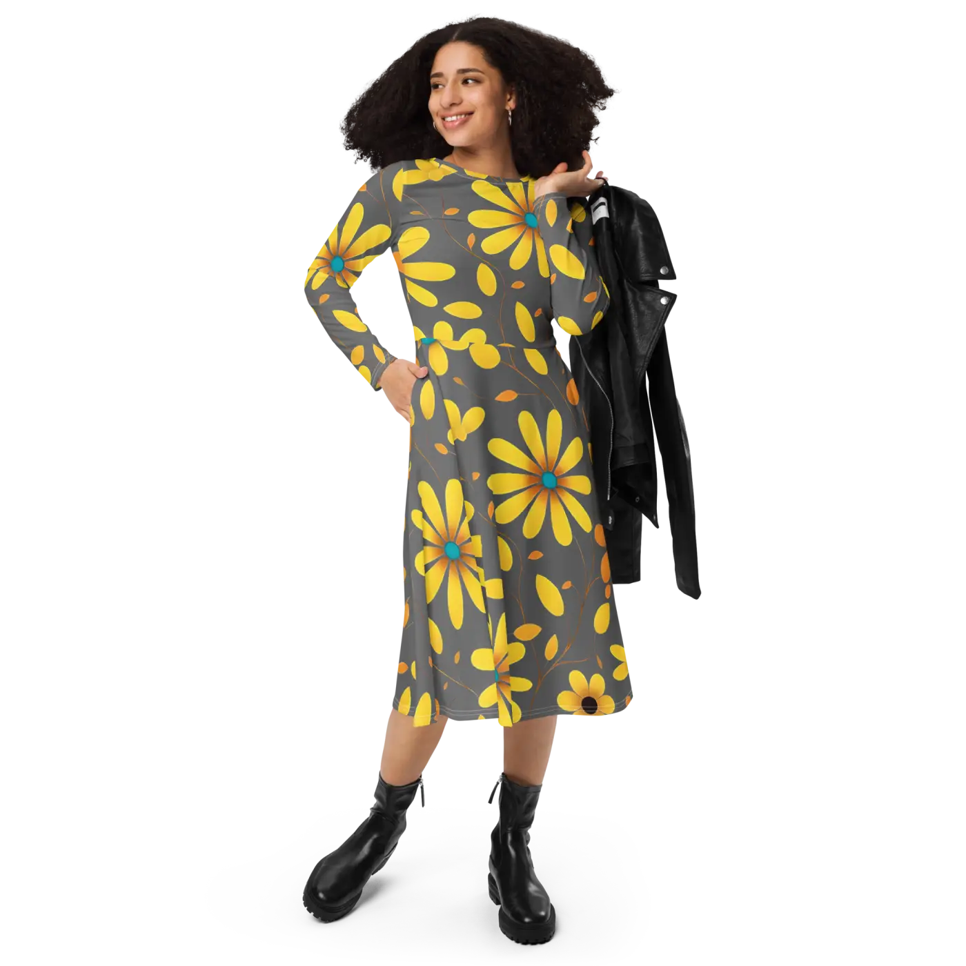 Long Sleeve Midi Dress - Large Yellow Flowers Polyester - DipaliZ