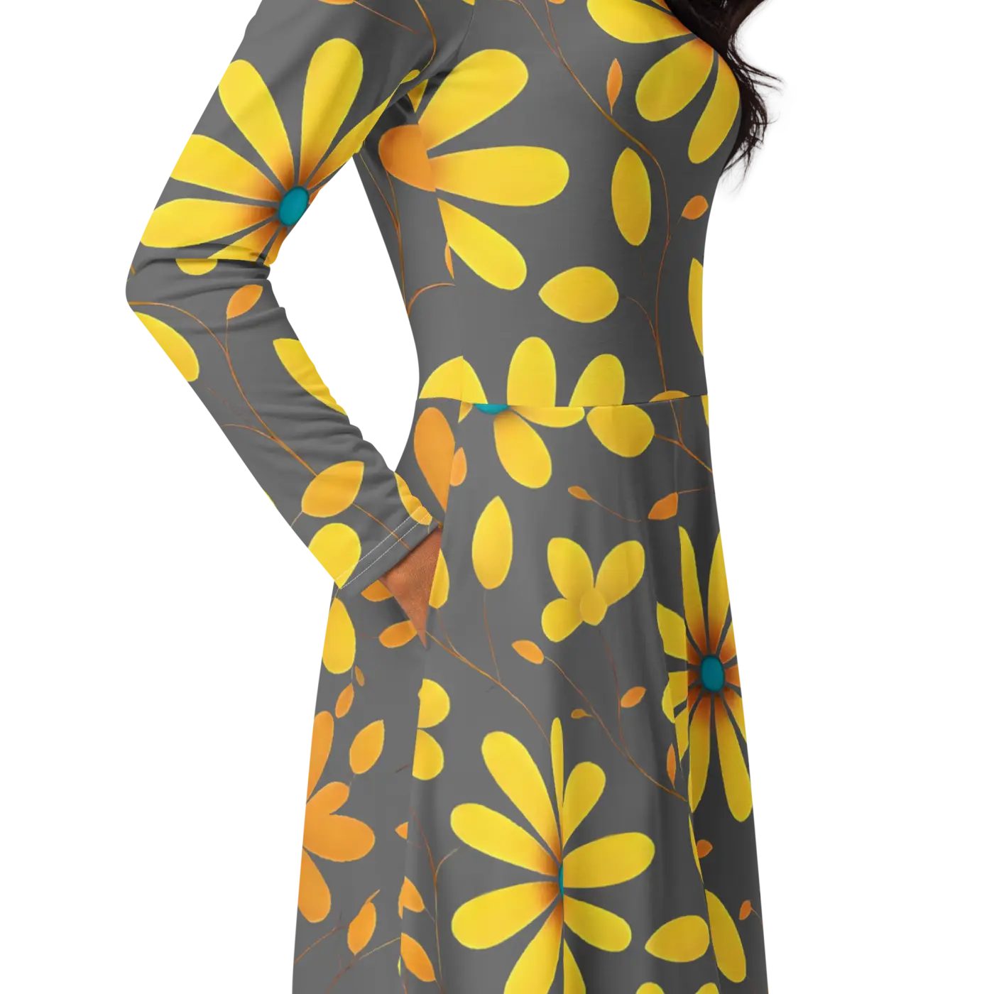Long Sleeve Midi Dress - Large Yellow Flowers Polyester - DipaliZ