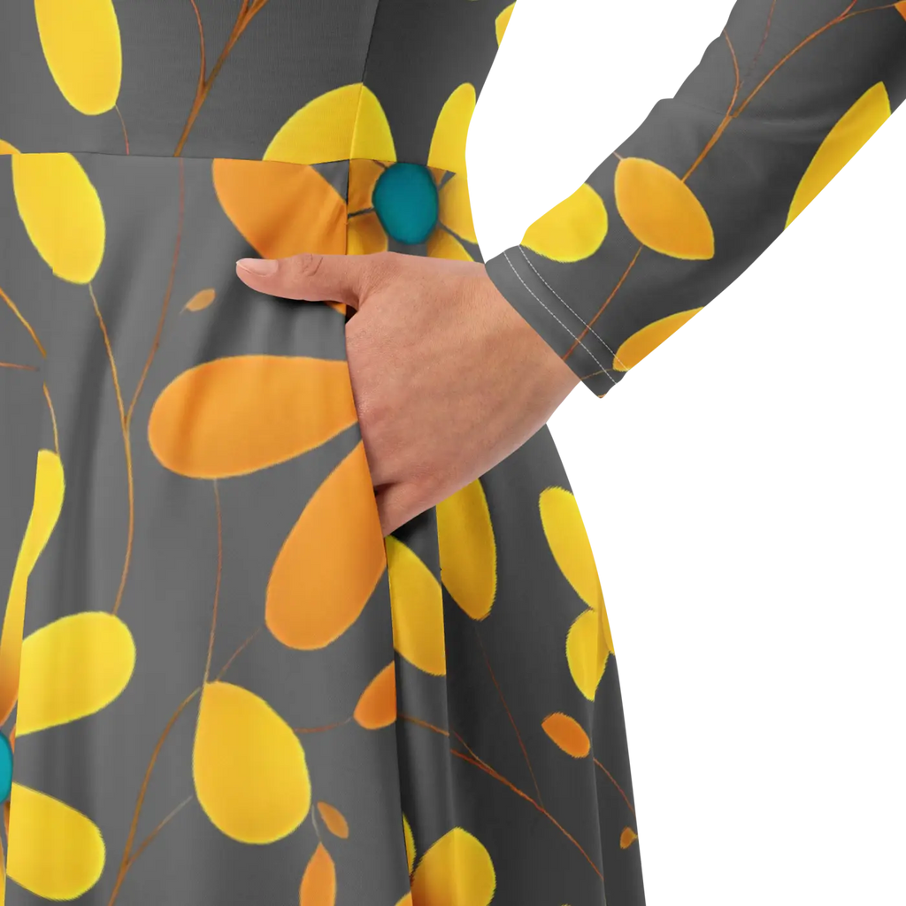 Long Sleeve Midi Dress - Large Yellow Flowers Polyester - DipaliZ