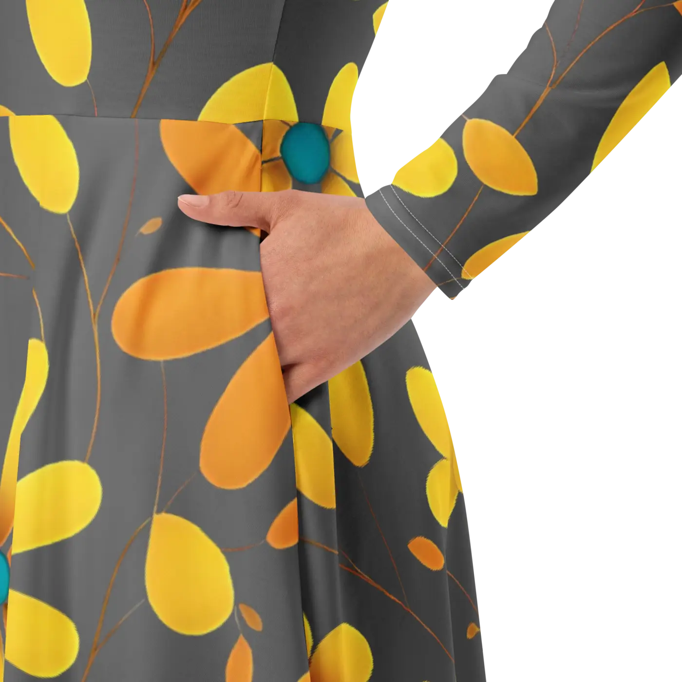 Long Sleeve Midi Dress - Large Yellow Flowers Polyester - DipaliZ