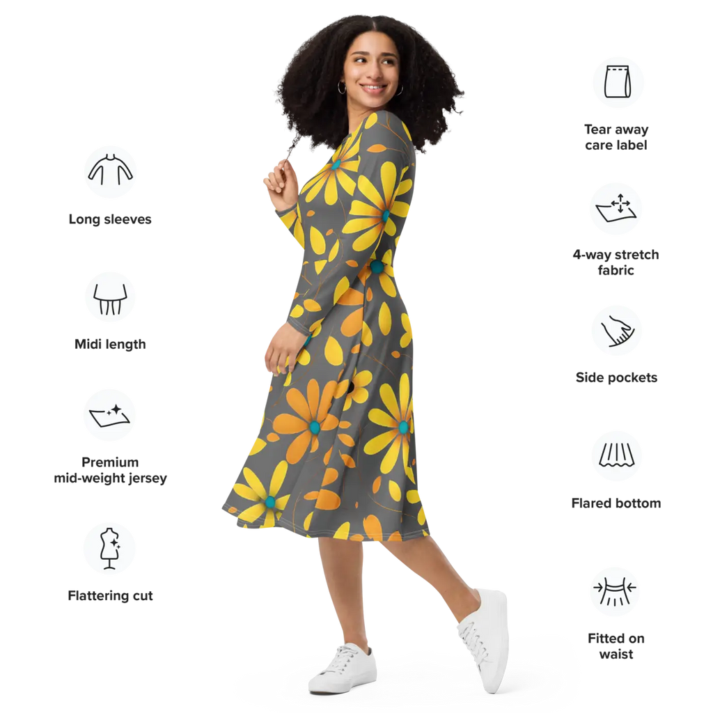Long Sleeve Midi Dress - Large Yellow Flowers Polyester - DipaliZ