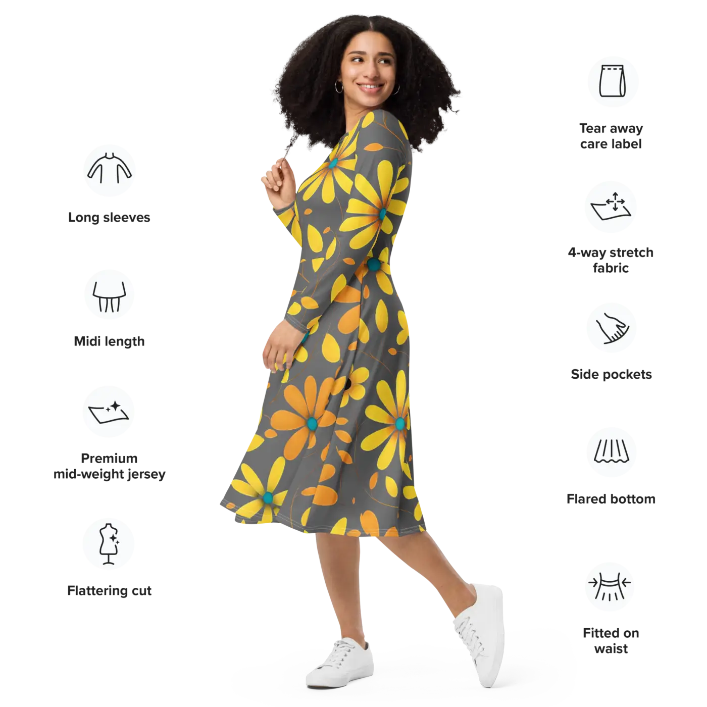 Long Sleeve Midi Dress - Large Yellow Flowers Polyester - DipaliZ