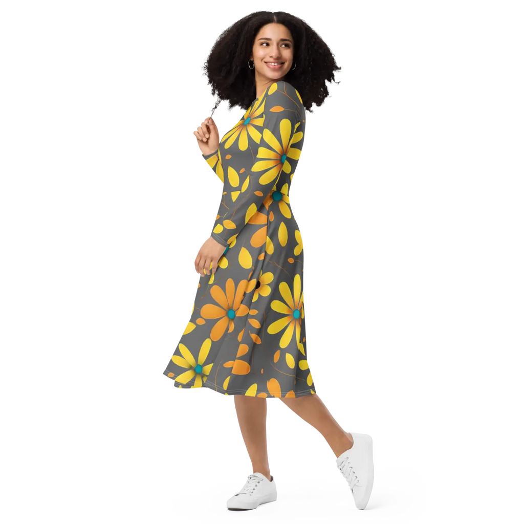 Long Sleeve Midi Dress - Large Yellow Flowers Polyester - DipaliZ