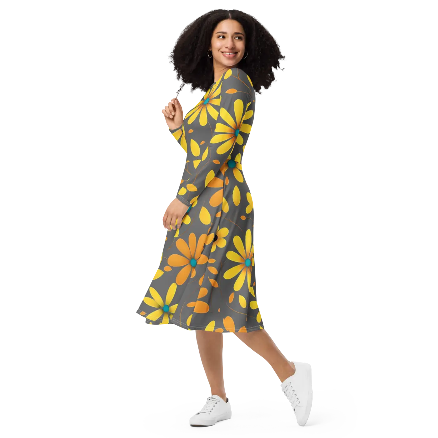 Long Sleeve Midi Dress - Large Yellow Flowers Polyester - DipaliZ