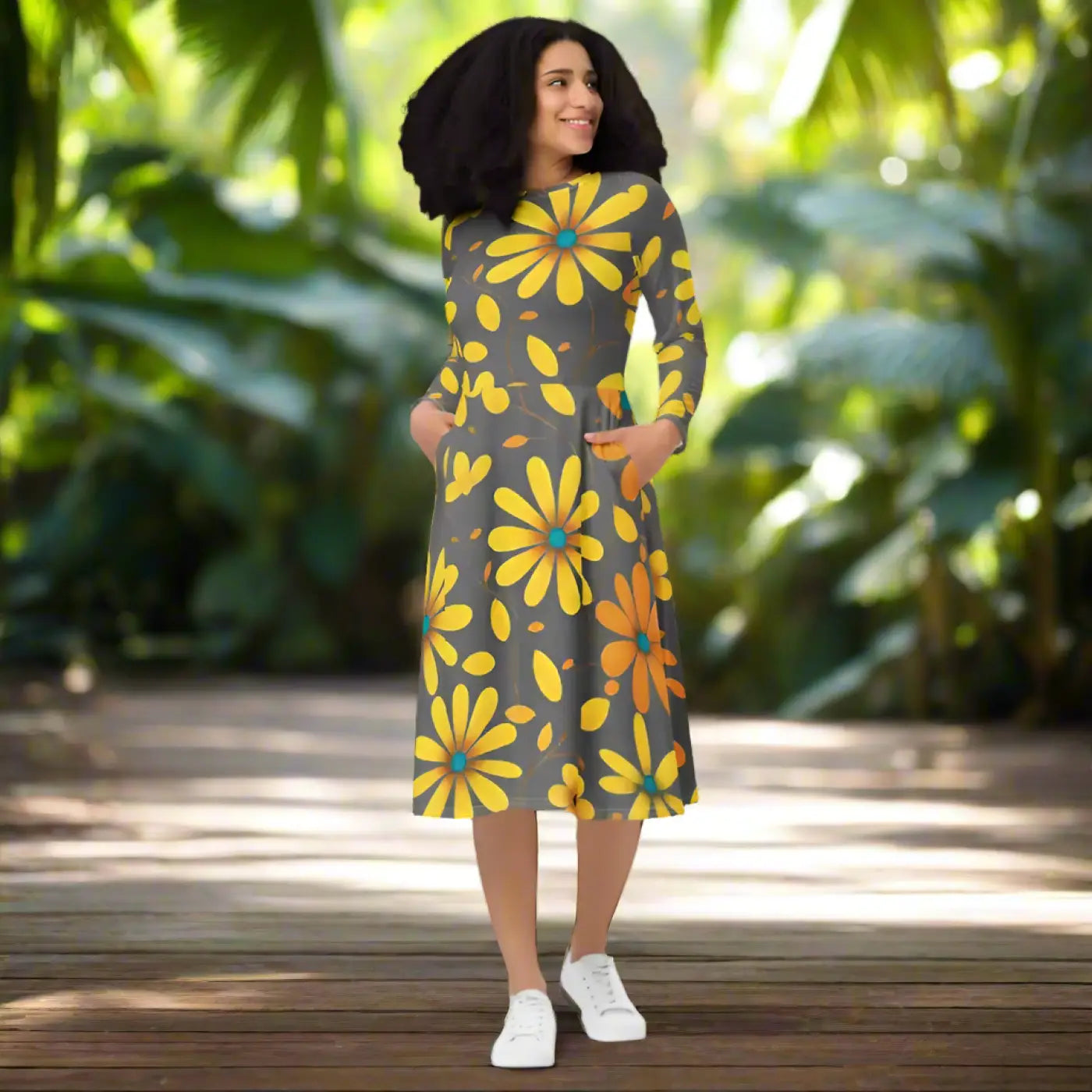 Long Sleeve Midi Dress - Large Yellow Flowers Polyester - DipaliZ