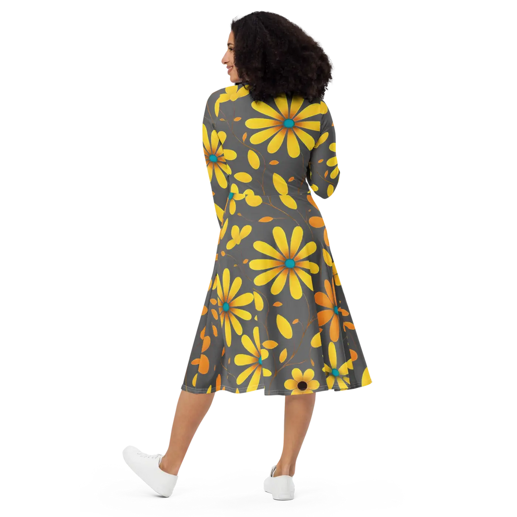 Long Sleeve Midi Dress - Large Yellow Flowers Polyester - DipaliZ
