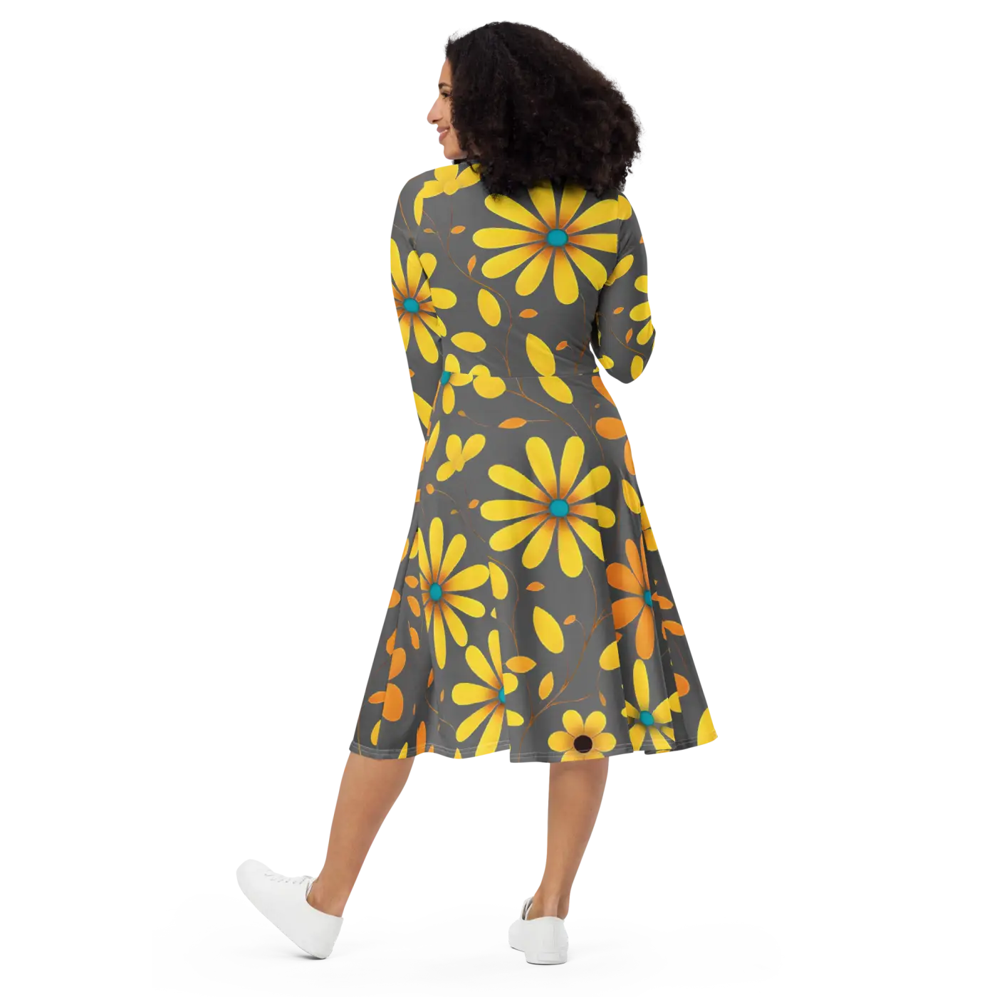 Long Sleeve Midi Dress - Large Yellow Flowers Polyester - DipaliZ