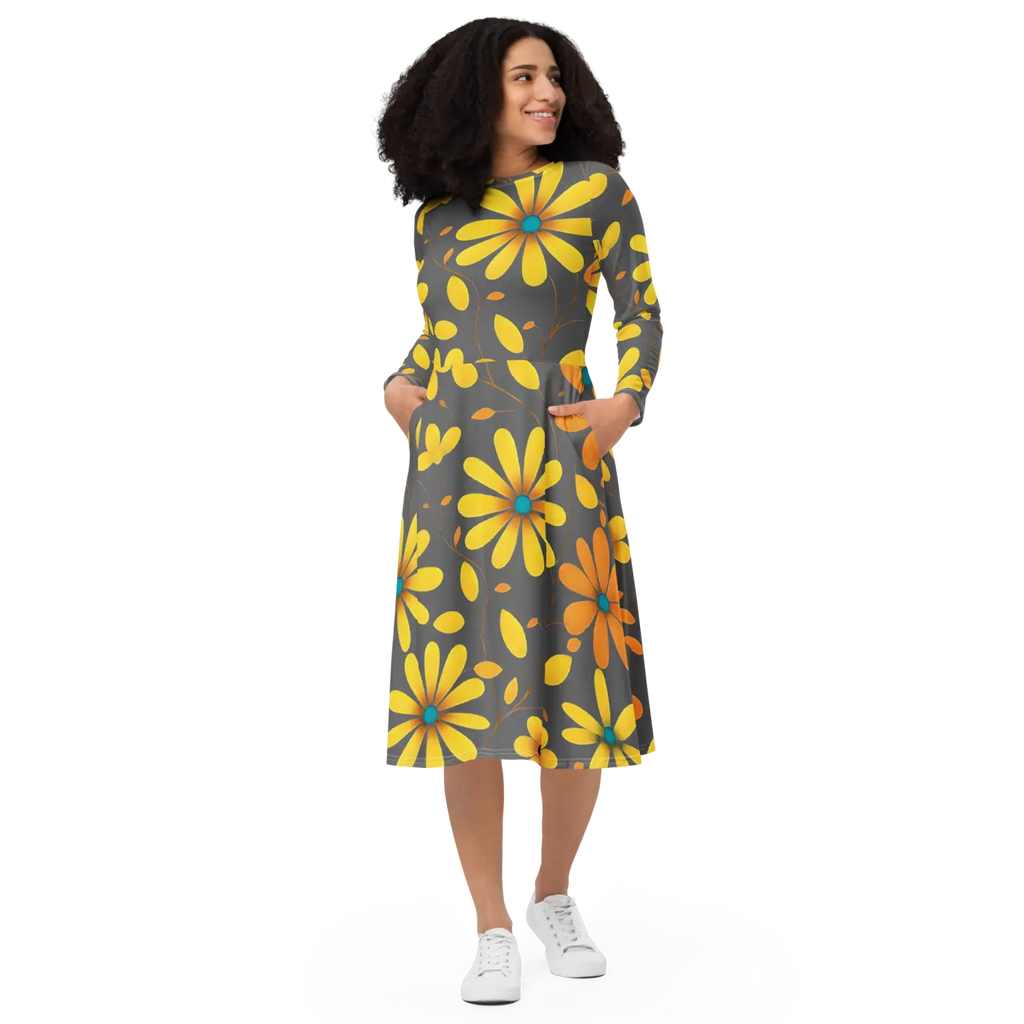 Long Sleeve Midi Dress - Large Yellow Flowers Polyester - DipaliZ