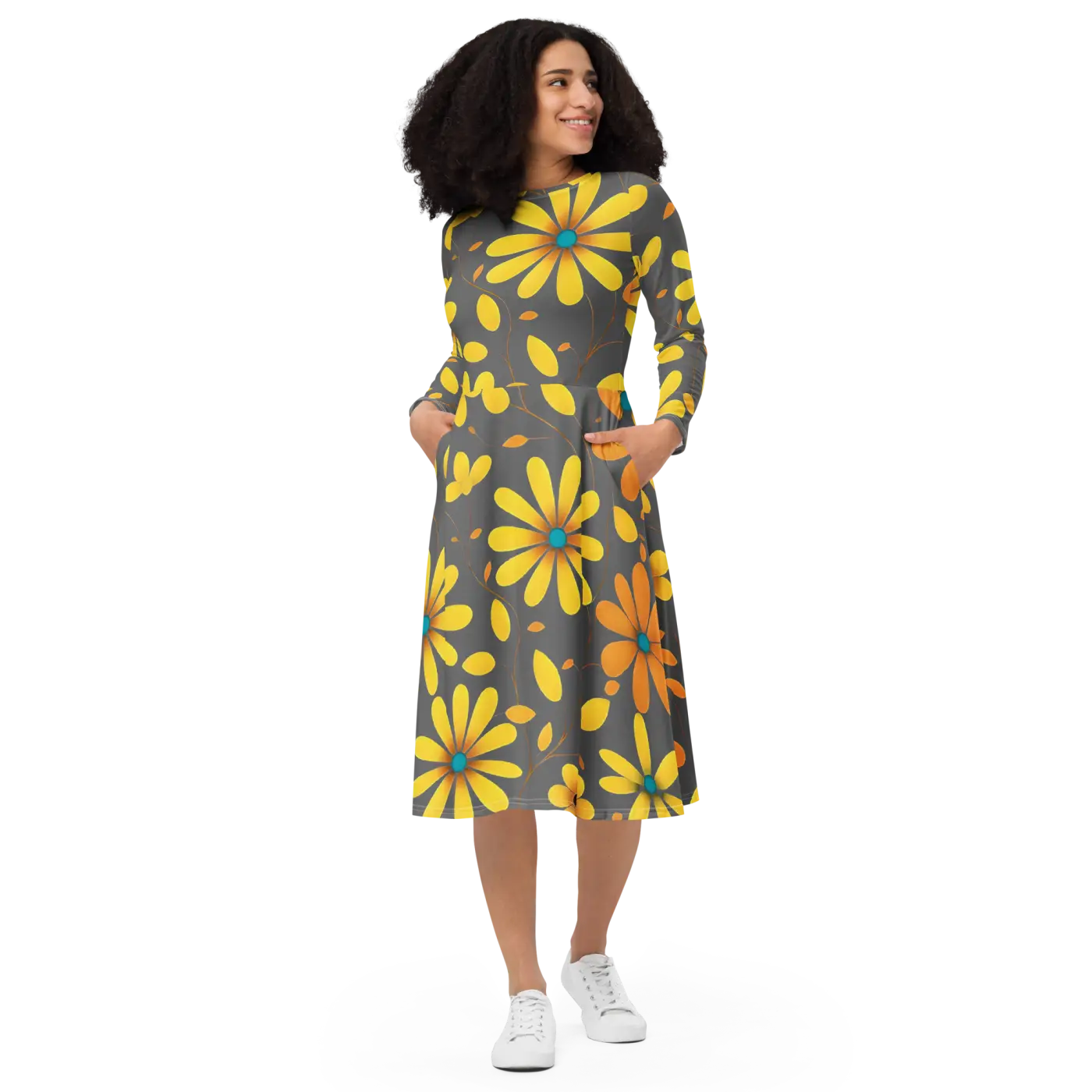 Long Sleeve Midi Dress - Large Yellow Flowers Polyester - DipaliZ