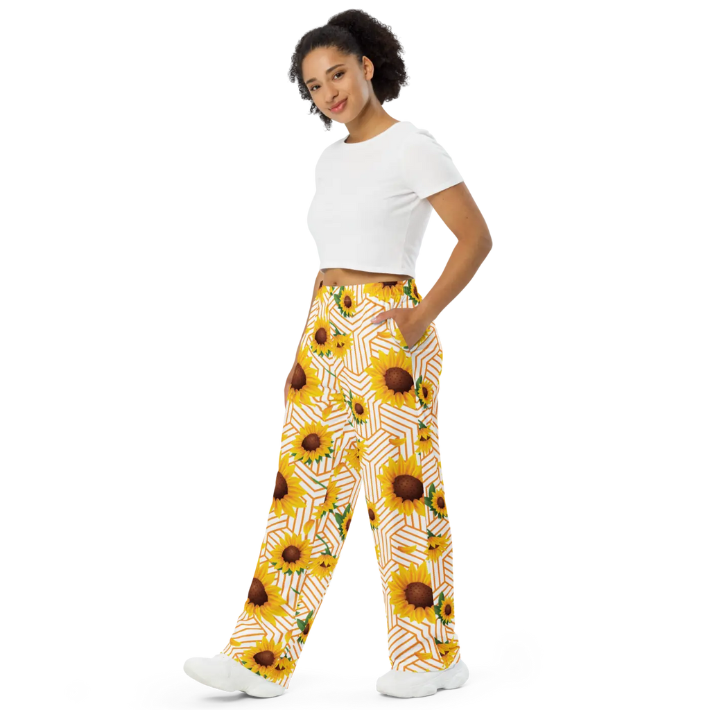 Yellow Flowers Pattern Wide Leg Pants - Lounge Comfort - DipaliZ