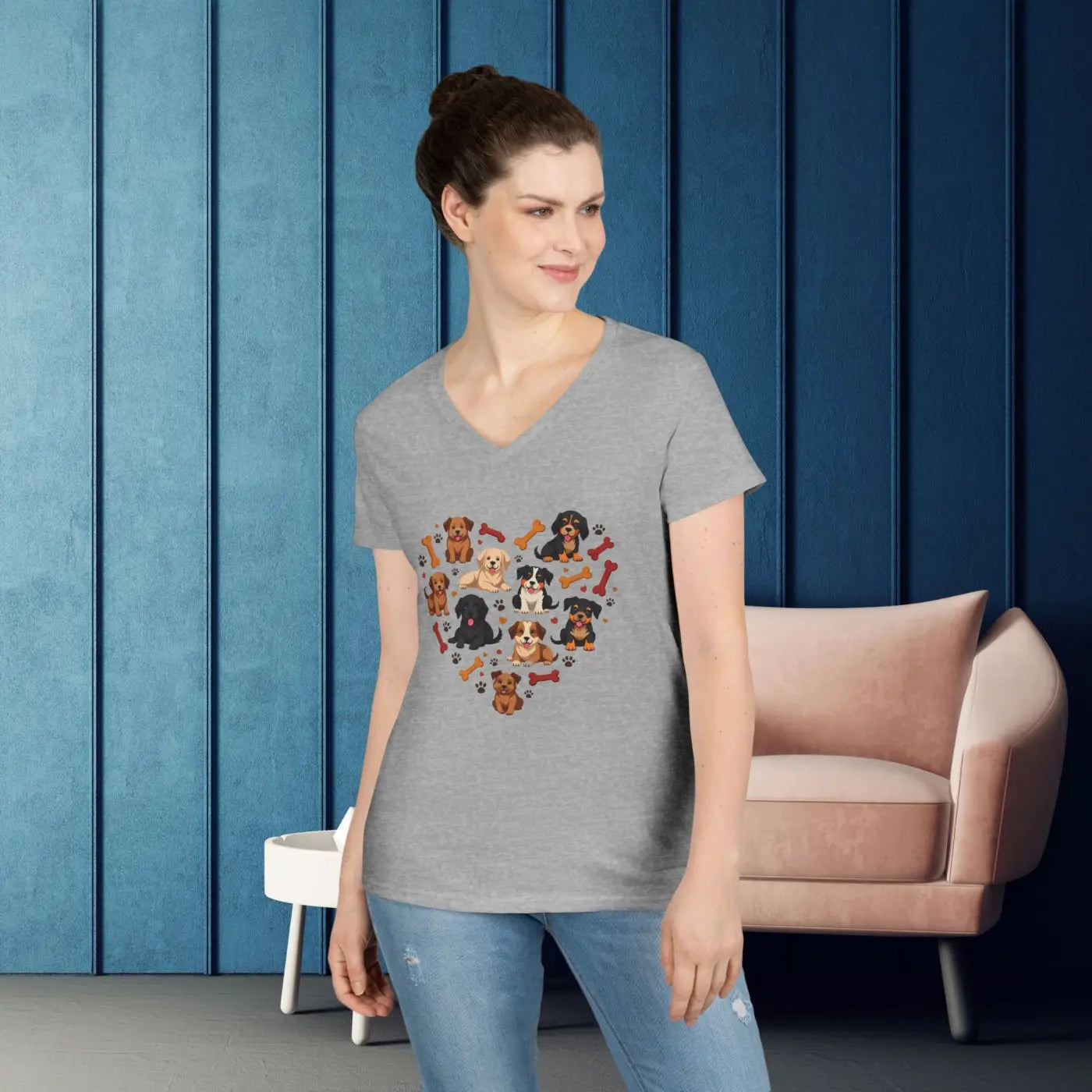 Dog Lovers V-Neck T-Shirt - Heart Design for Women - DipaliZ
