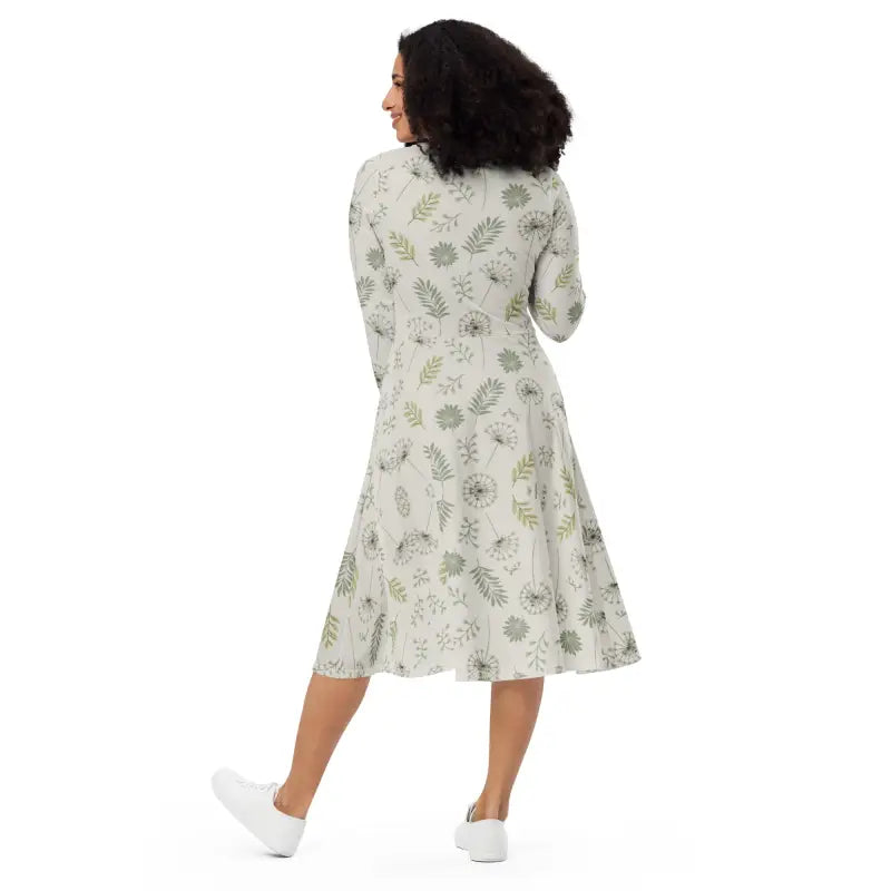 Long Sleeve Midi Dress - Dandelion Print Design - DipaliZ