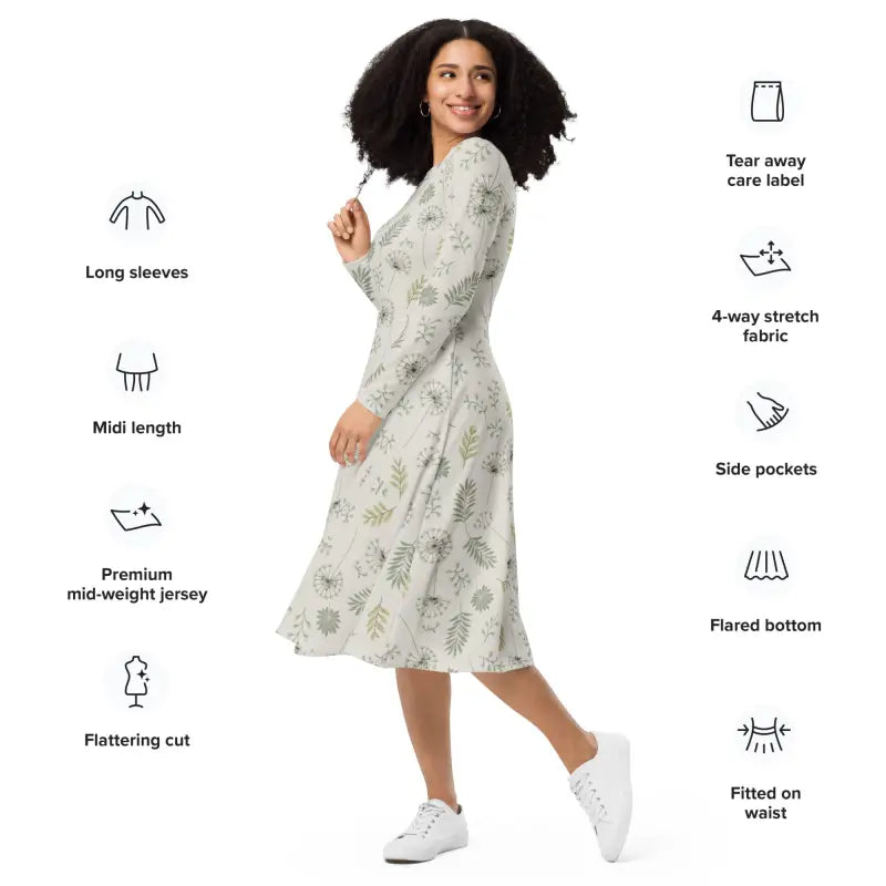 Long Sleeve Midi Dress - Dandelion Print Design - DipaliZ