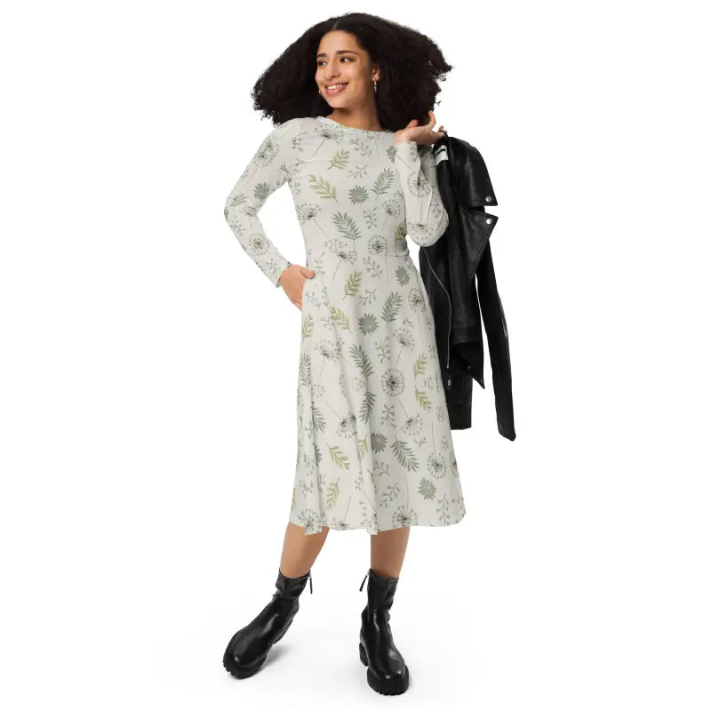 Long Sleeve Midi Dress - Dandelion Print Design - DipaliZ