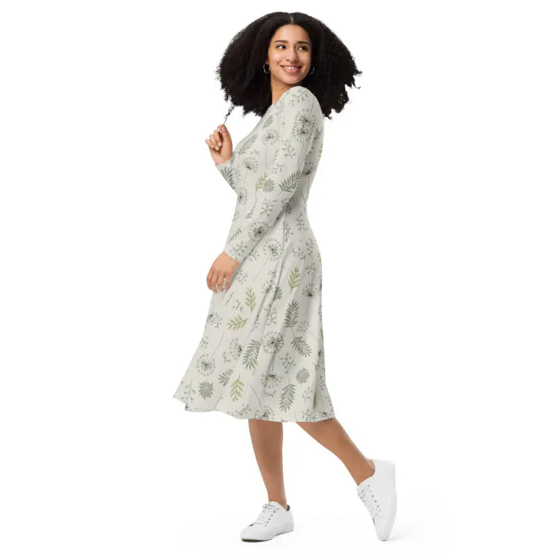 Long Sleeve Midi Dress - Dandelion Print Design - DipaliZ
